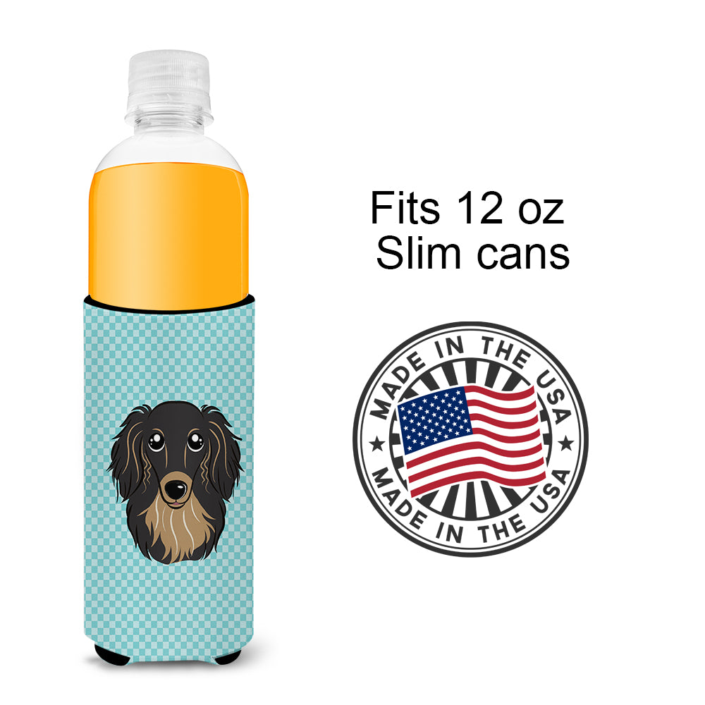 Checkerboard Blue Longhair Dachshund Ultra Beverage Insulators for slim cans.