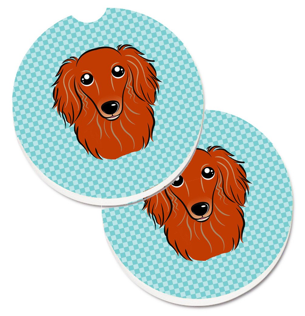 Checkerboard Blue Longhair Red Dachshund Set of 2 Cup Holder Car Coasters BB1152CARC by Caroline&#39;s Treasures