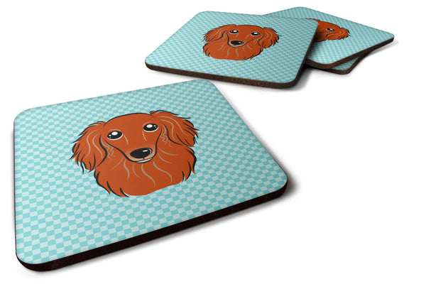 Set of 4 Checkerboard Blue Longhair Red Dachshund Foam Coasters BB1152FC - the-store.com