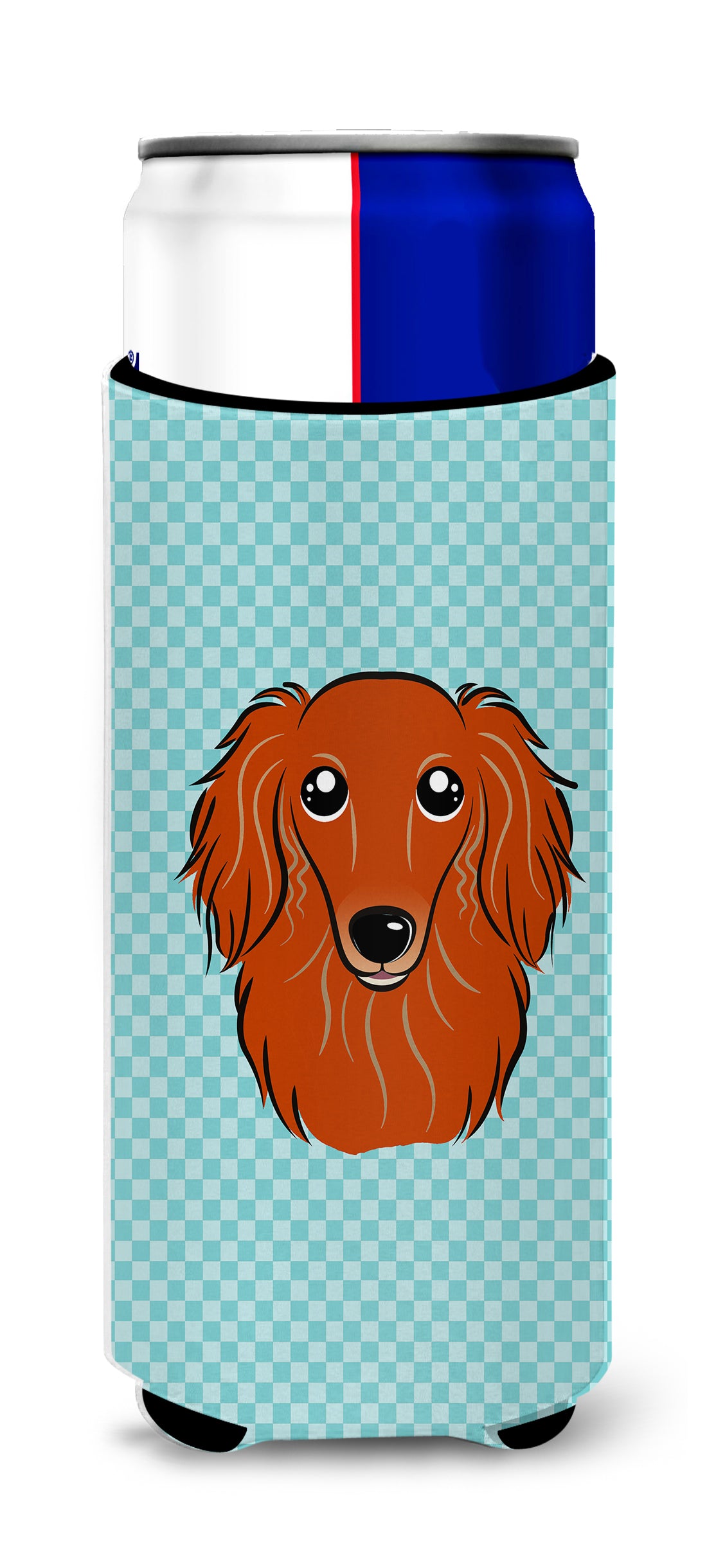 Checkerboard Blue Longhair Red Dachshund Ultra Beverage Insulators for slim cans