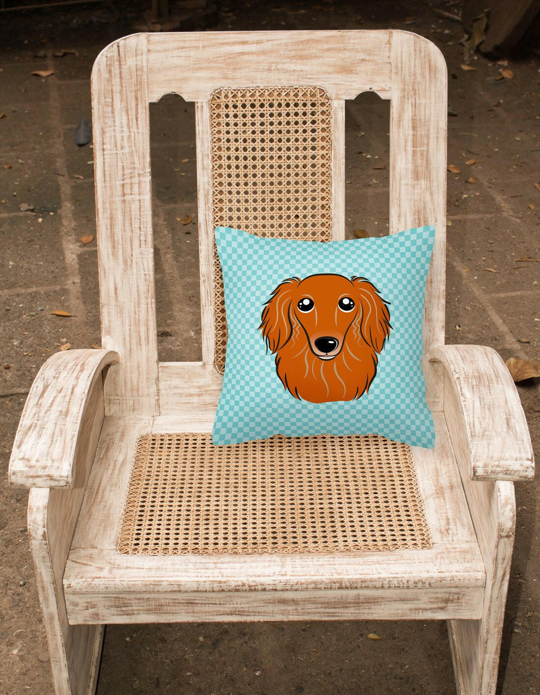 Checkerboard Blue Longhair Red Dachshund Canvas Fabric Decorative Pillow BB1152PW1414 - the-store.com