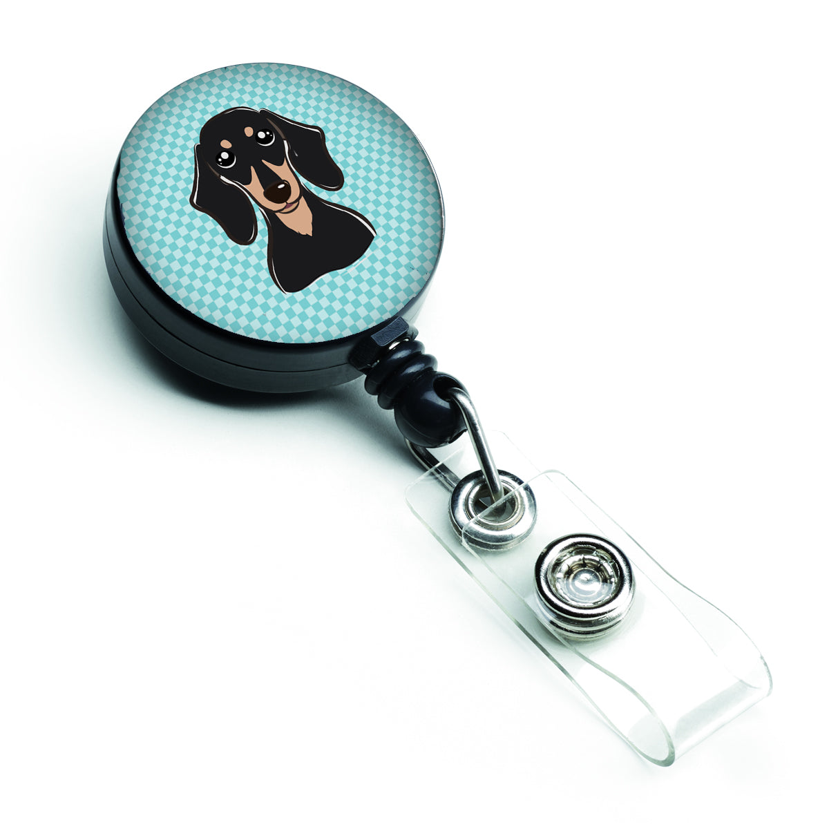 Checkerboard Blue Smooth Black and Tan Dachshund Retractable Badge Reel BB1153BR