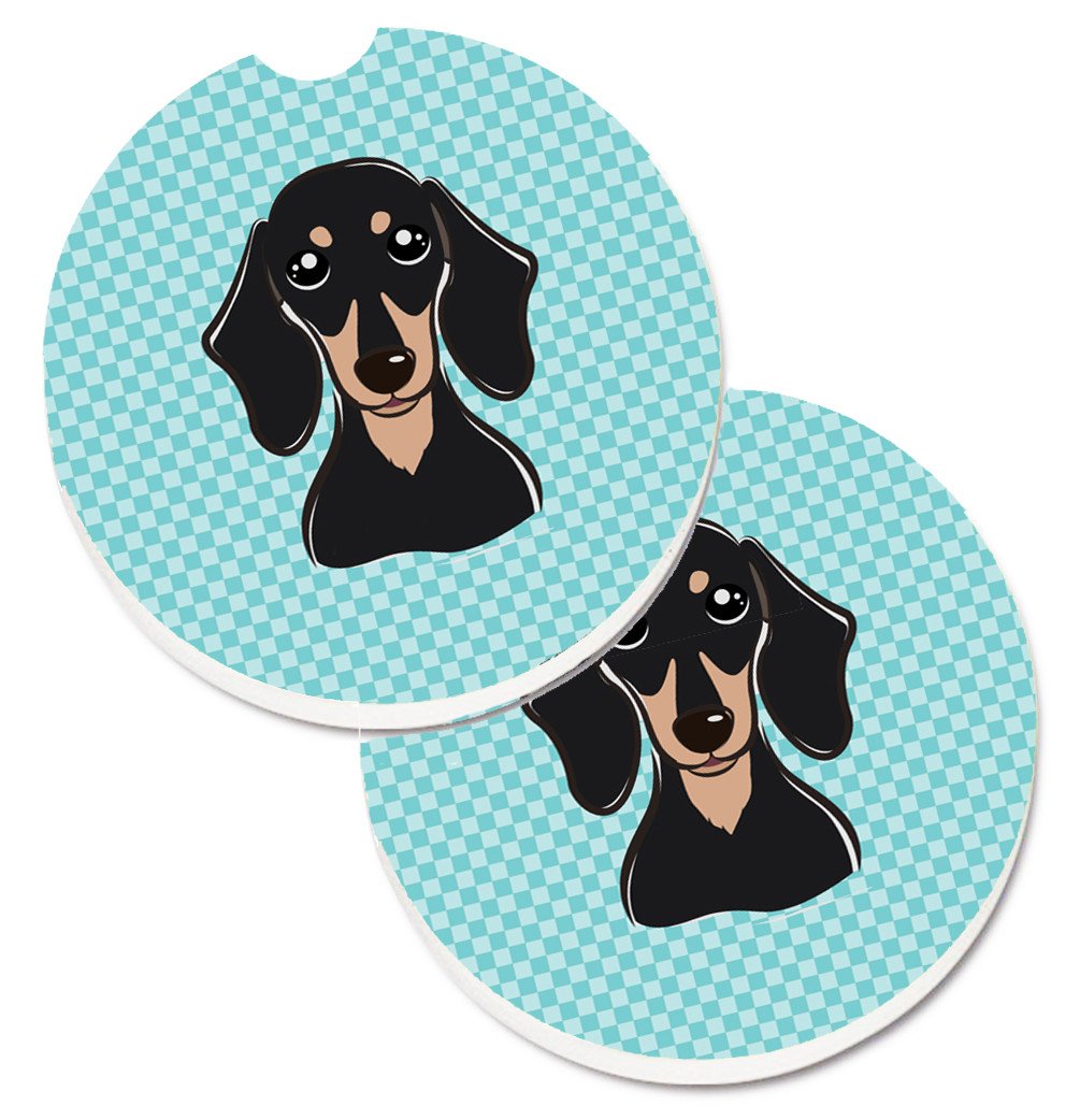 Checkerboard Blue Smooth Black and Tan Dachshund Set of 2 Cup Holder Car Coasters BB1153CARC by Caroline&#39;s Treasures