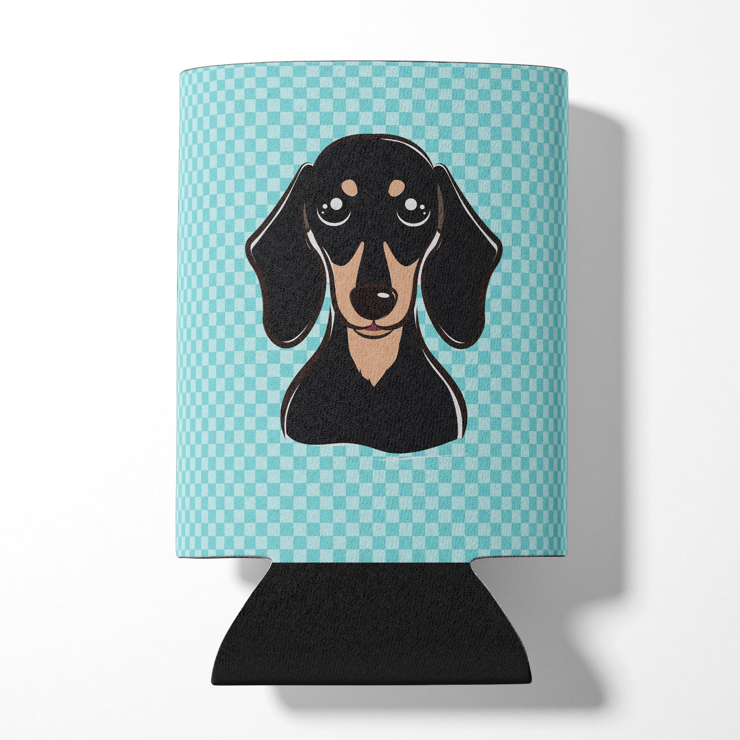 Checkerboard Blue Smooth Black and Tan Dachshund Can or Bottle Hugger BB1153CC