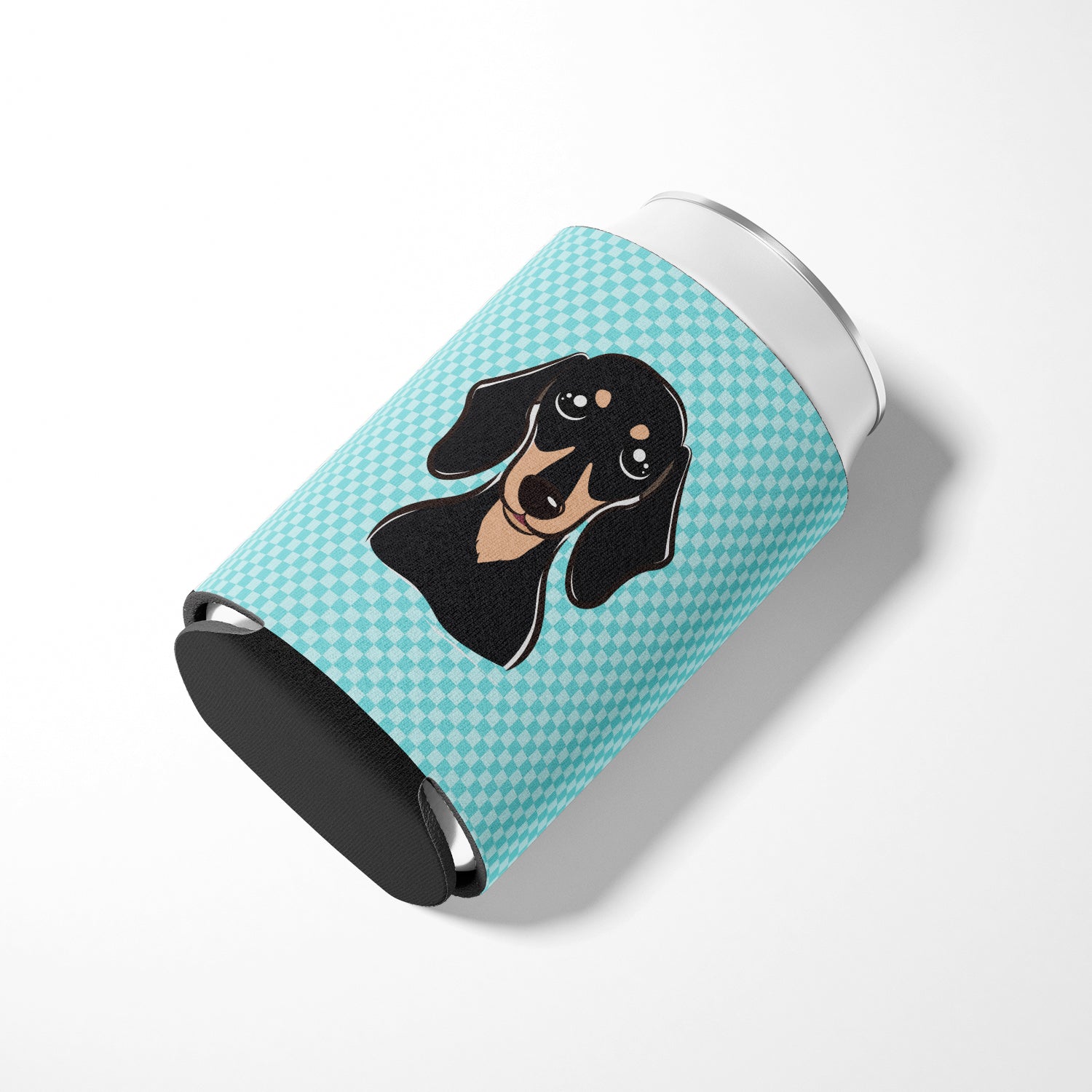 Checkerboard Blue Smooth Black and Tan Dachshund Can or Bottle Hugger BB1153CC.