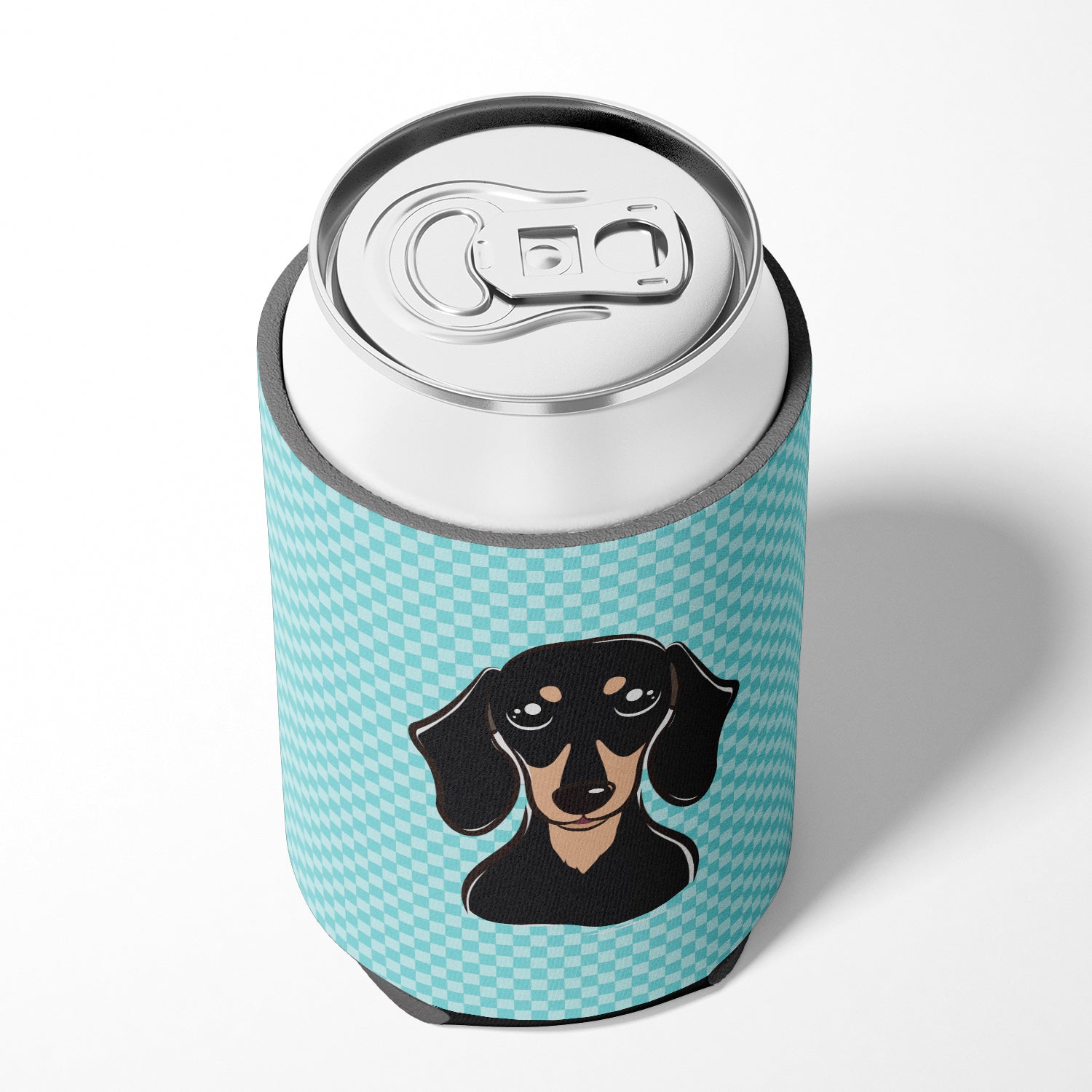 Checkerboard Blue Smooth Black and Tan Dachshund Can or Bottle Hugger BB1153CC.