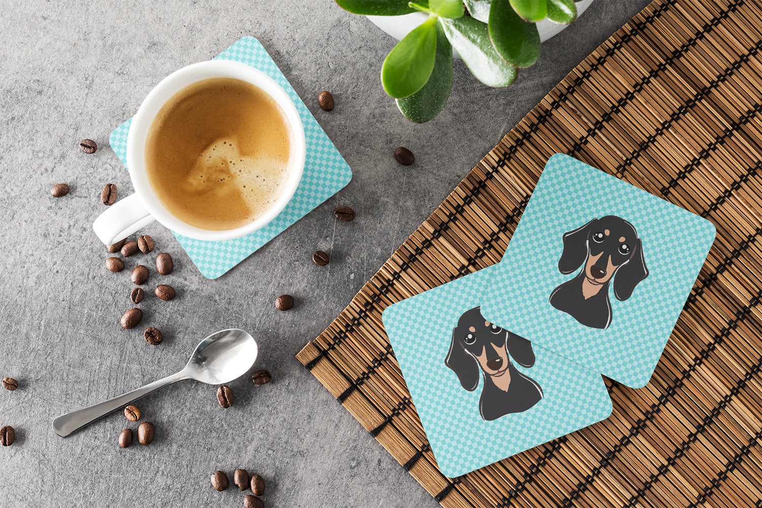 Set of 4 Checkerboard Blue Smooth Black and Tan Dachshund Foam Coasters BB1153FC - the-store.com