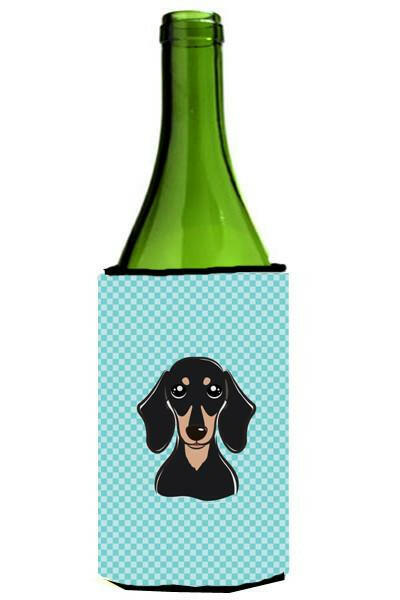 Checkerboard Blue Smooth Black and Tan Dachshund Wine Bottle Beverage Insulator Hugger by Caroline&#39;s Treasures