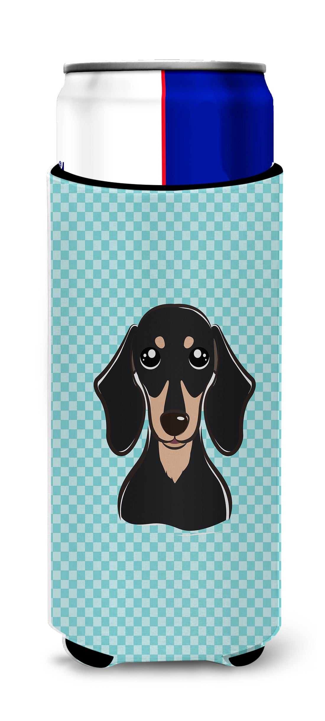 Checkerboard Blue Black and Tan Dachshund Ultra Beverage Insulators for slim cans