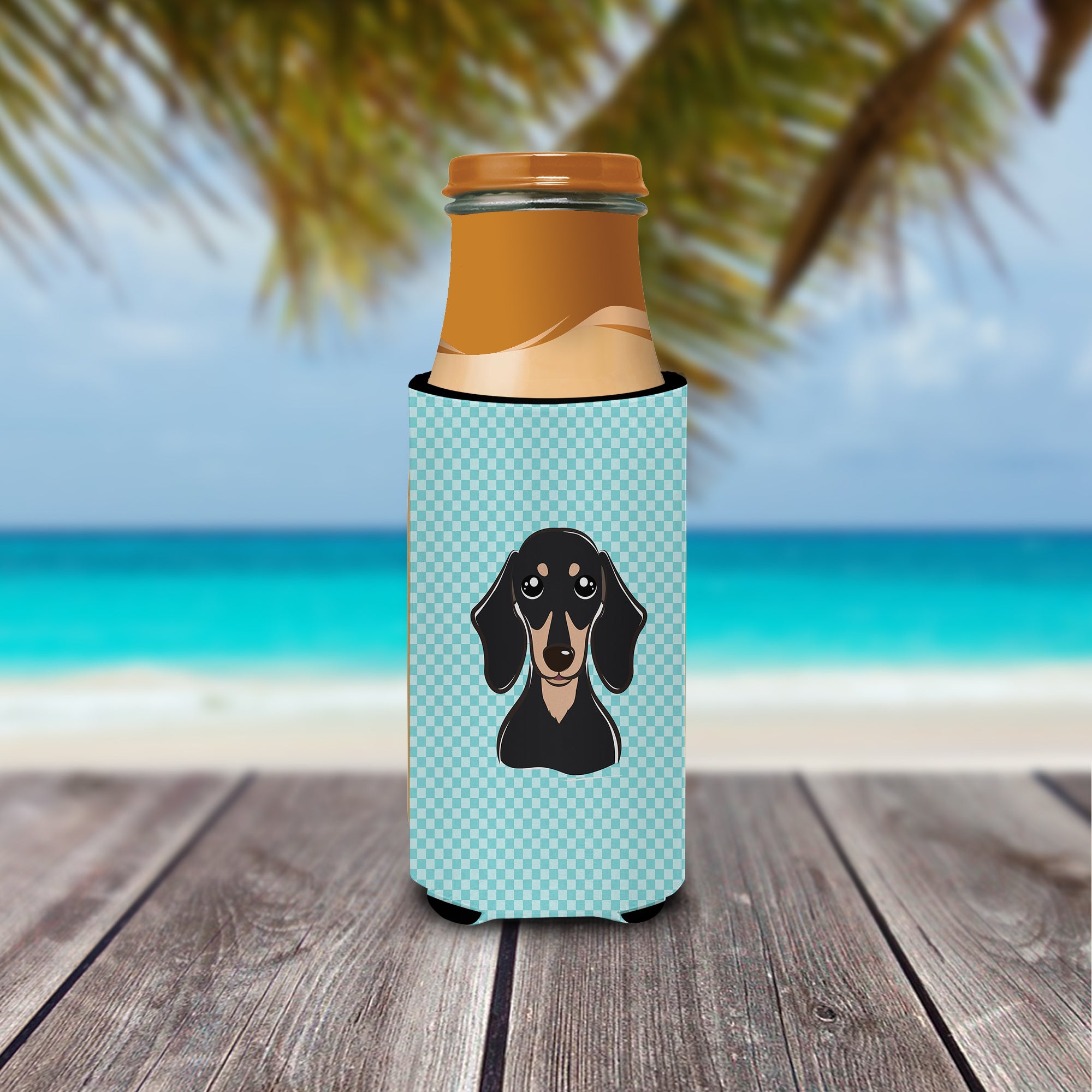 Checkerboard Blue Black and Tan Dachshund Ultra Beverage Insulators for slim cans.