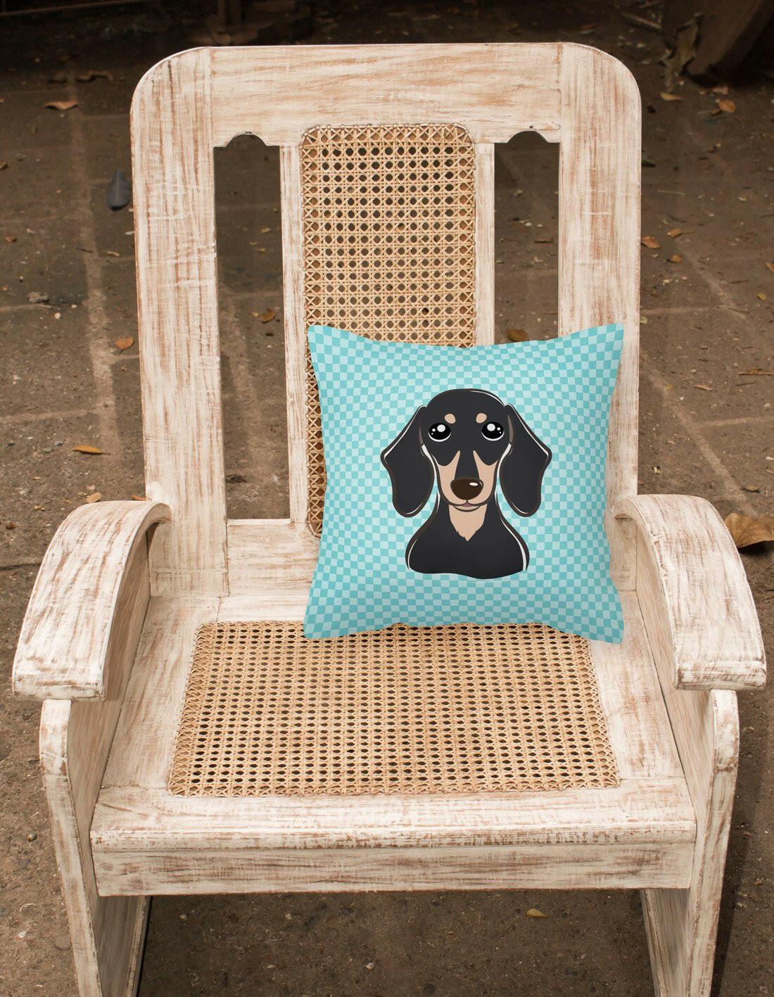 Checkerboard Blue Smooth Black and Tan Dachshund Canvas Fabric Decorative Pillow BB1153PW1414 - the-store.com