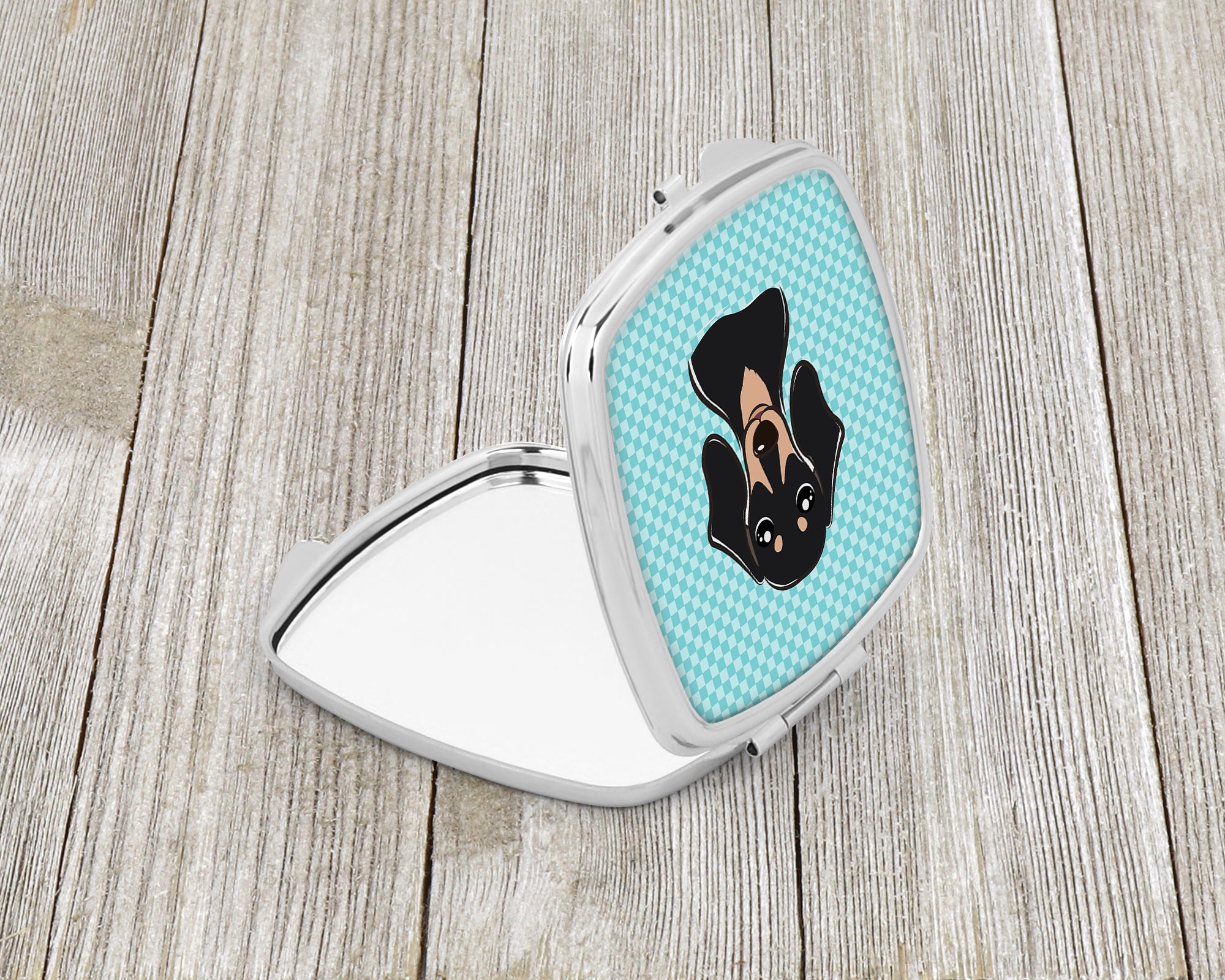Checkerboard Blue Smooth Black and Tan Dachshund Compact Mirror BB1153SCM  the-store.com.