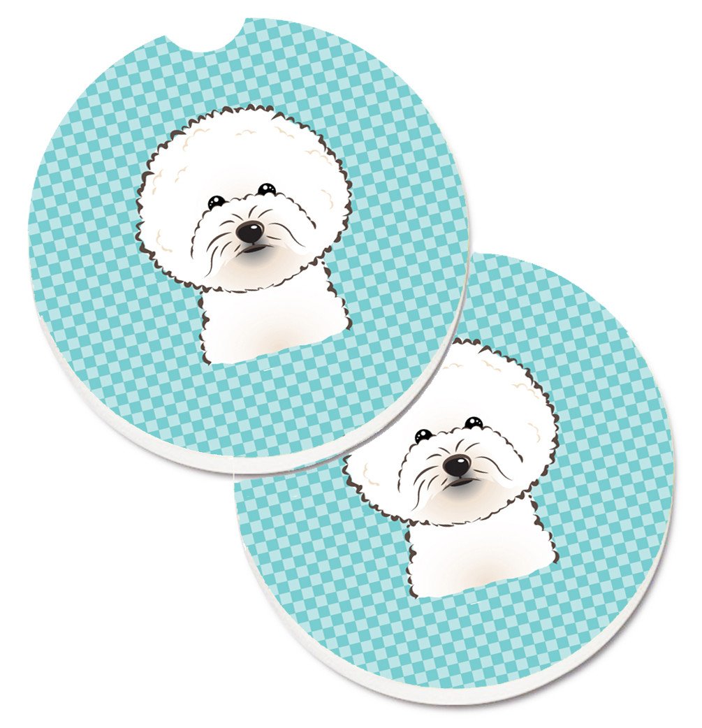 Checkerboard Blue Bichon Frise Set of 2 Cup Holder Car Coasters BB1155CARC by Caroline&#39;s Treasures
