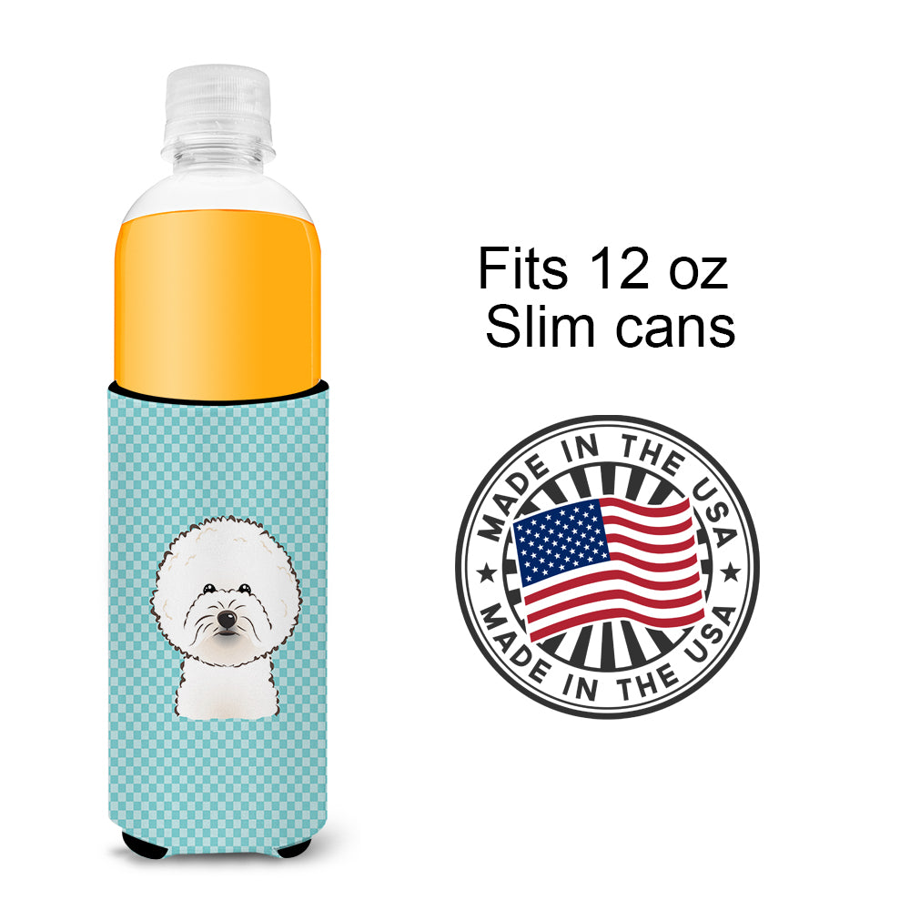 Checkerboard Blue Bichon Frise Ultra Beverage Insulators for slim cans BB1155MUK.