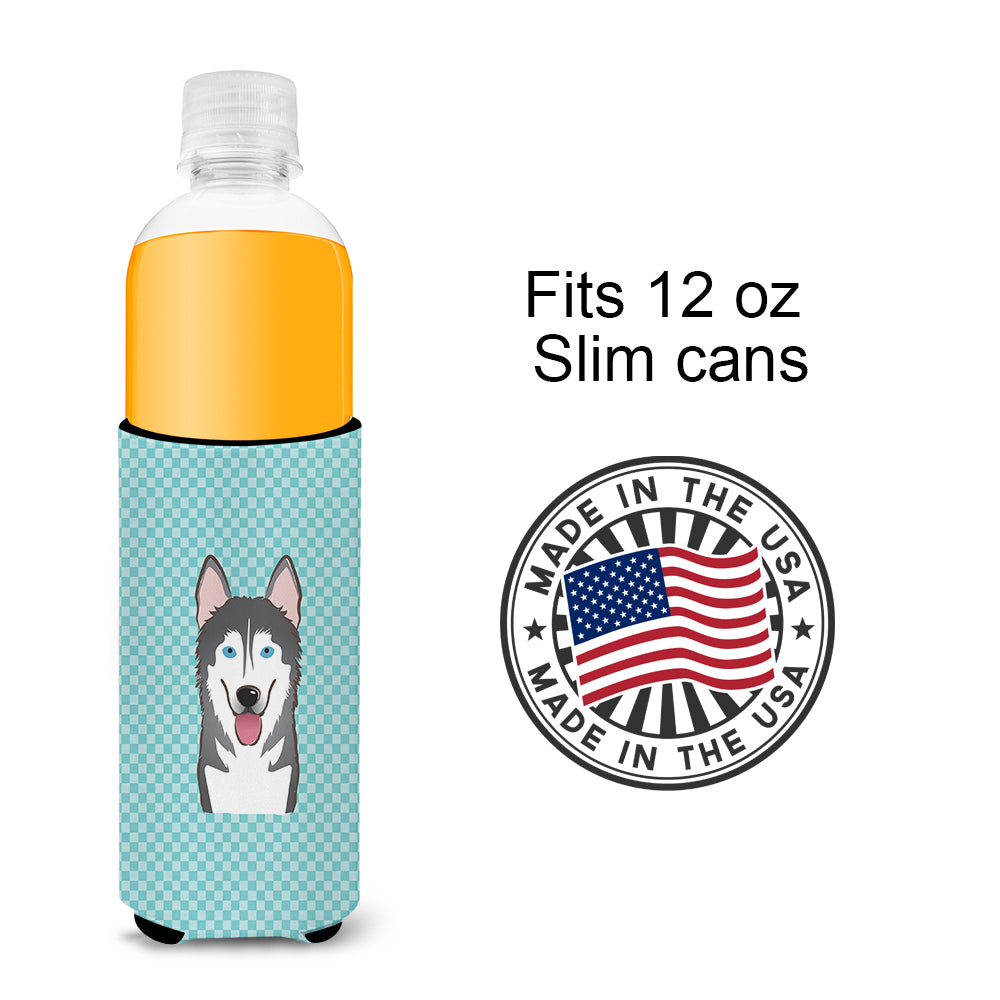 Checkerboard Blue Alaskan Malamute Ultra Beverage Insulators for slim cans.