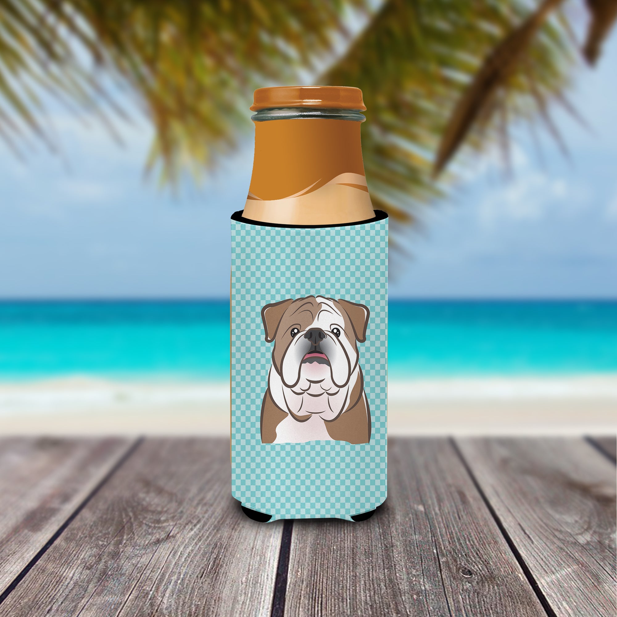 Checkerboard Blue English Bulldog  Ultra Beverage Insulators for slim cans