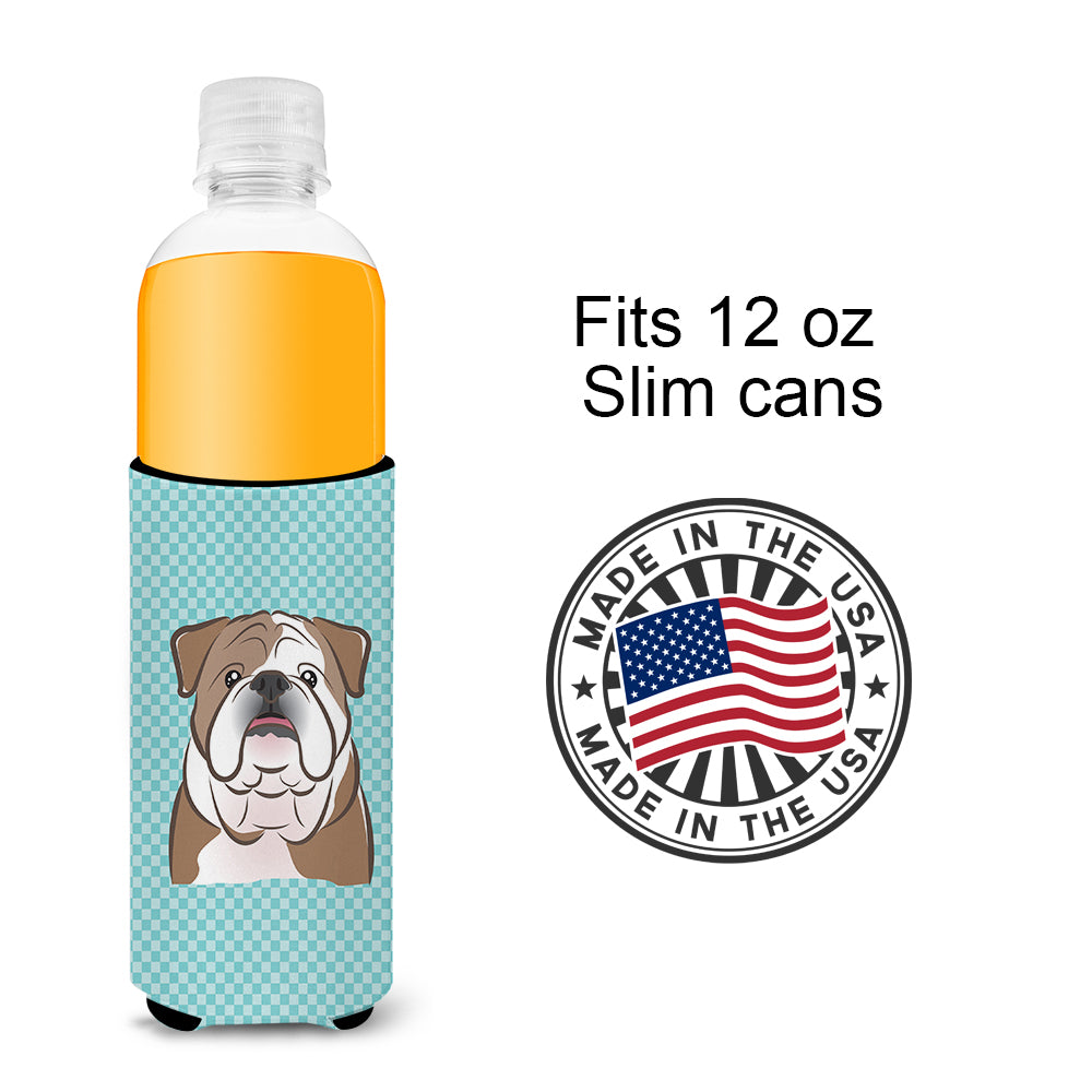Checkerboard Blue English Bulldog  Ultra Beverage Insulators for slim cans.