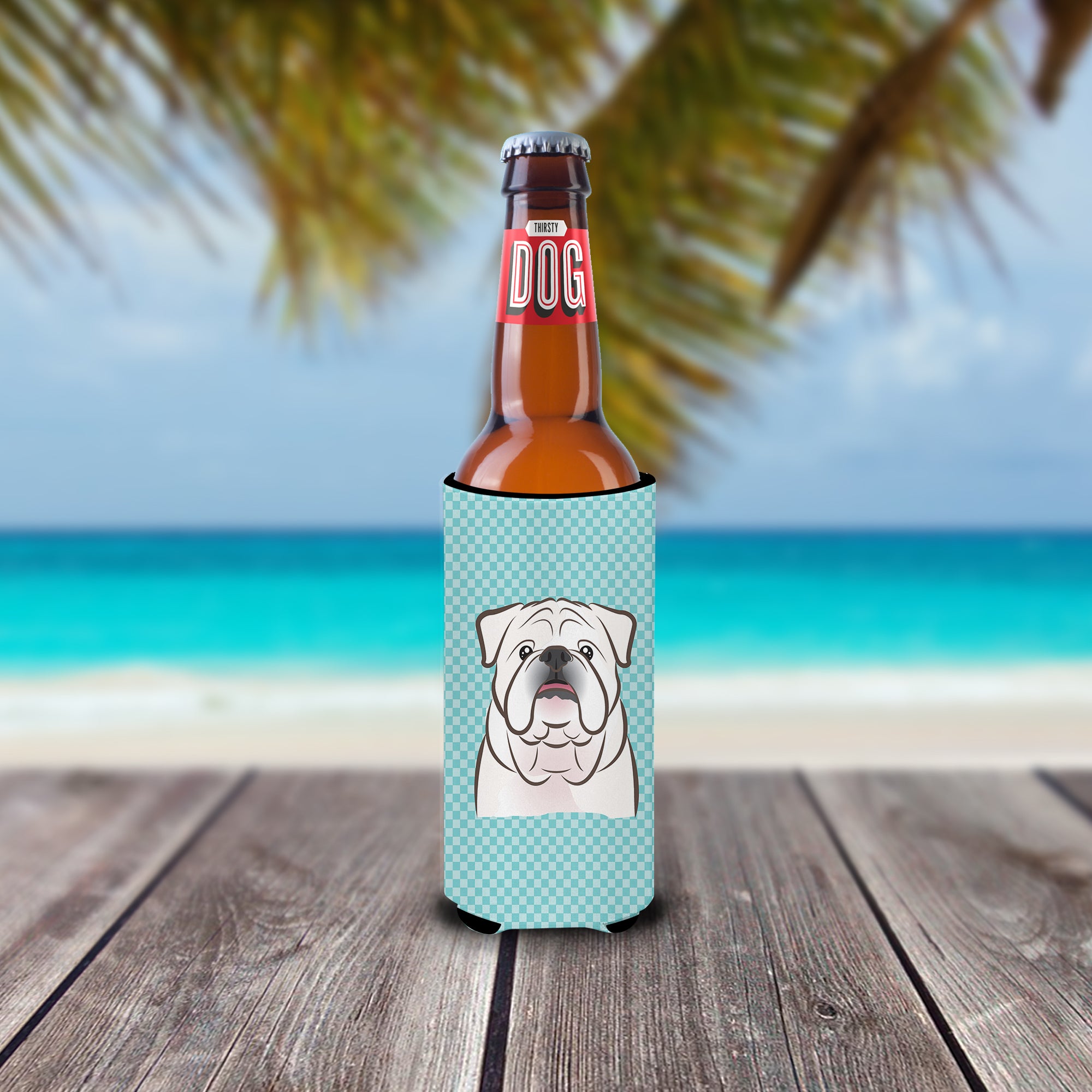 Checkerboard Blue White English Bulldog  Ultra Beverage Insulators for slim cans.