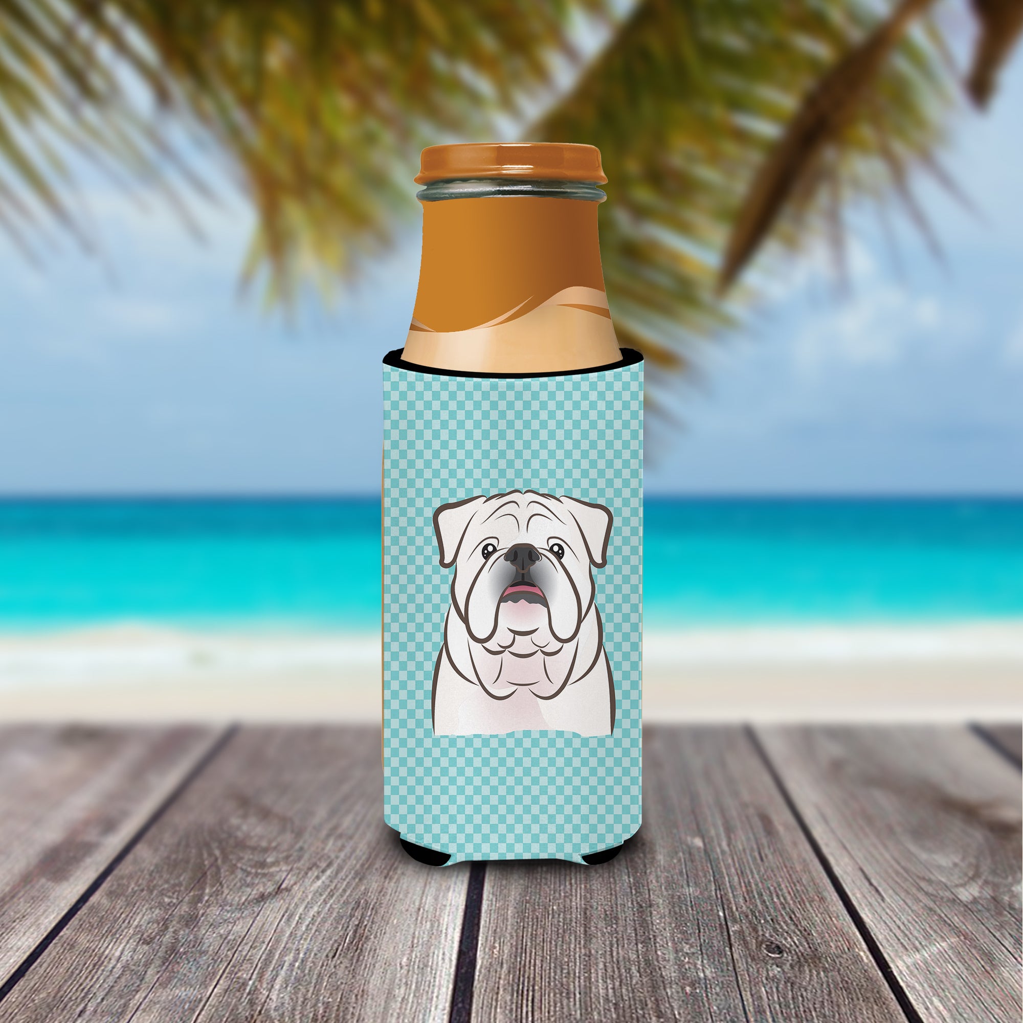 Checkerboard Blue White English Bulldog  Ultra Beverage Insulators for slim cans.
