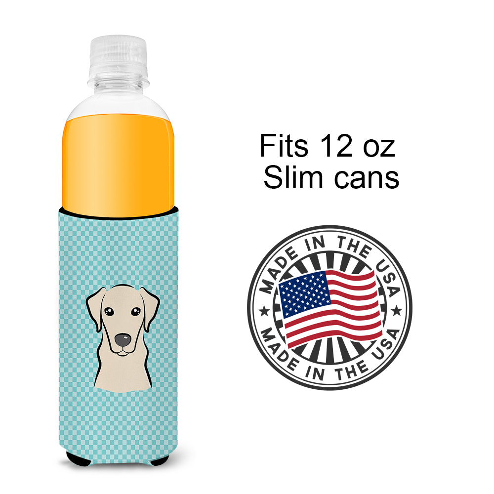 Checkerboard Blue Yellow Labrador Ultra Beverage Insulators for slim cans BB1160MUK.