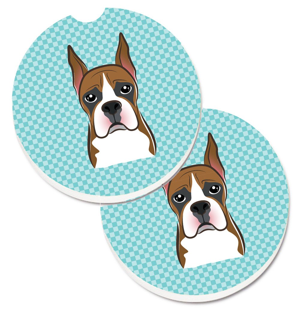 Checkerboard Blue Boxer Set of 2 Cup Holder Car Coasters BB1161CARC by Caroline&#39;s Treasures