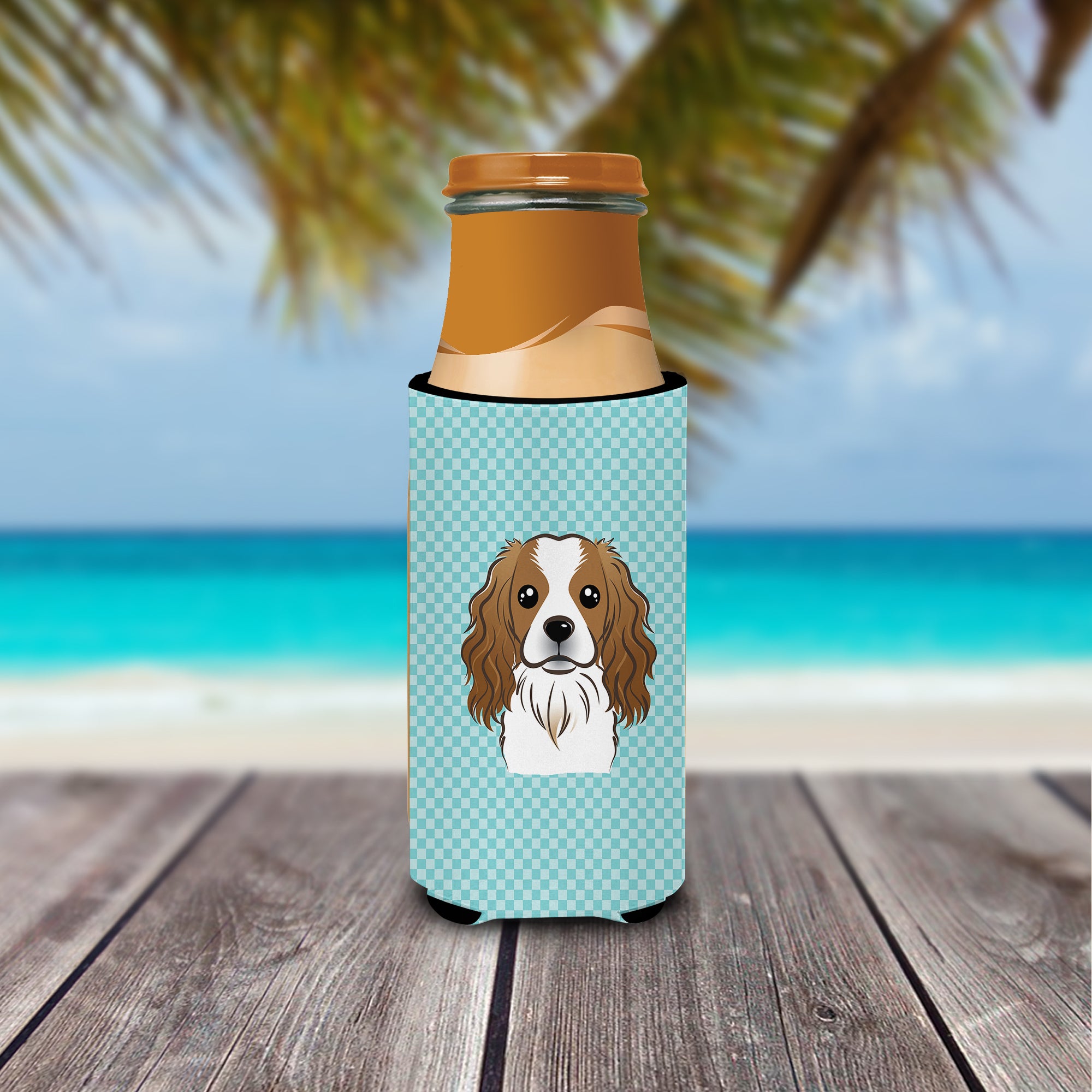Checkerboard Blue Cavalier Spaniel Ultra Beverage Insulators for slim cans