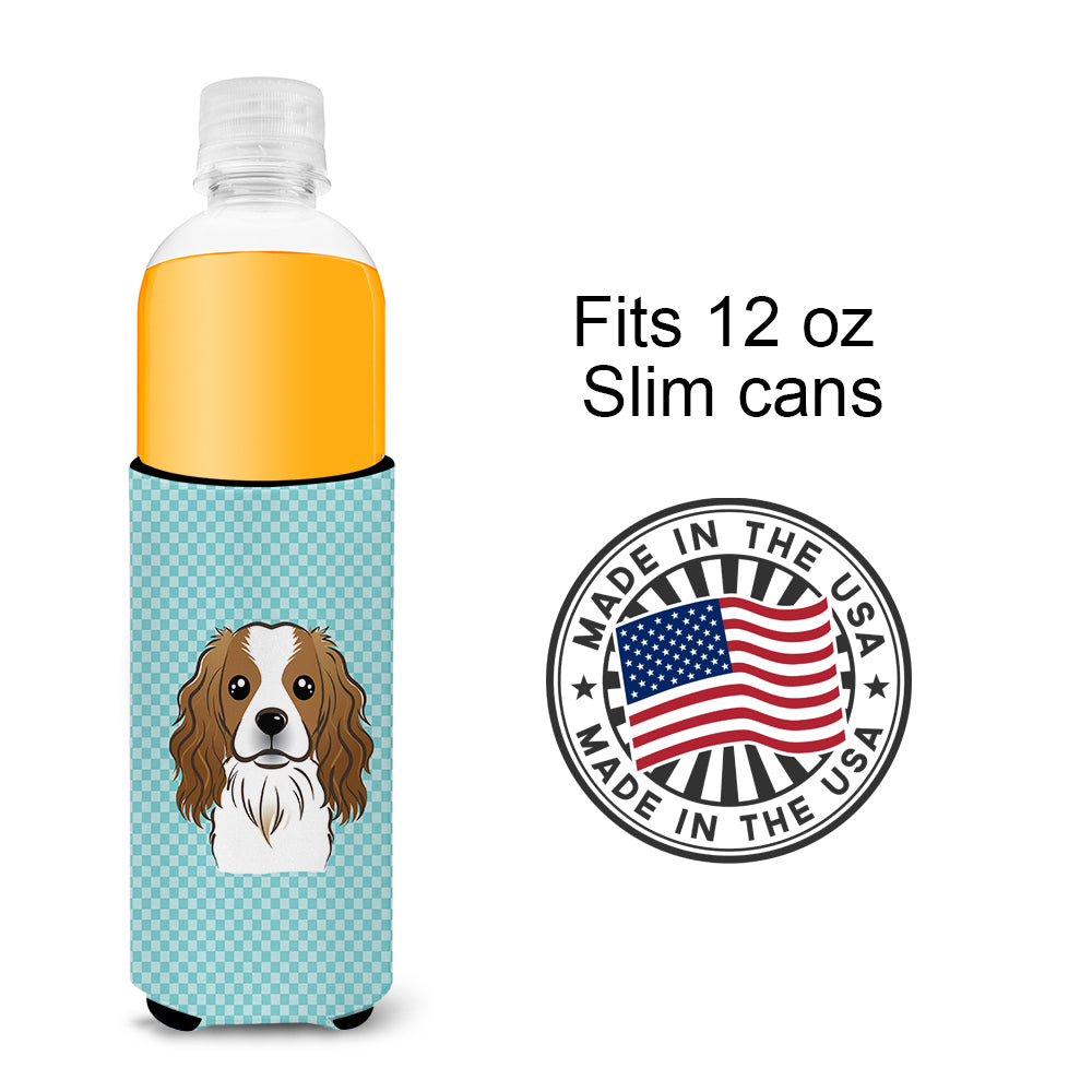 Checkerboard Blue Cavalier Spaniel Ultra Beverage Insulators for slim cans.