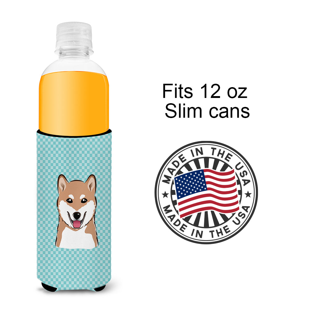 Checkerboard Blue Shiba Inu Ultra Beverage Insulators for slim cans BB1163MUK.