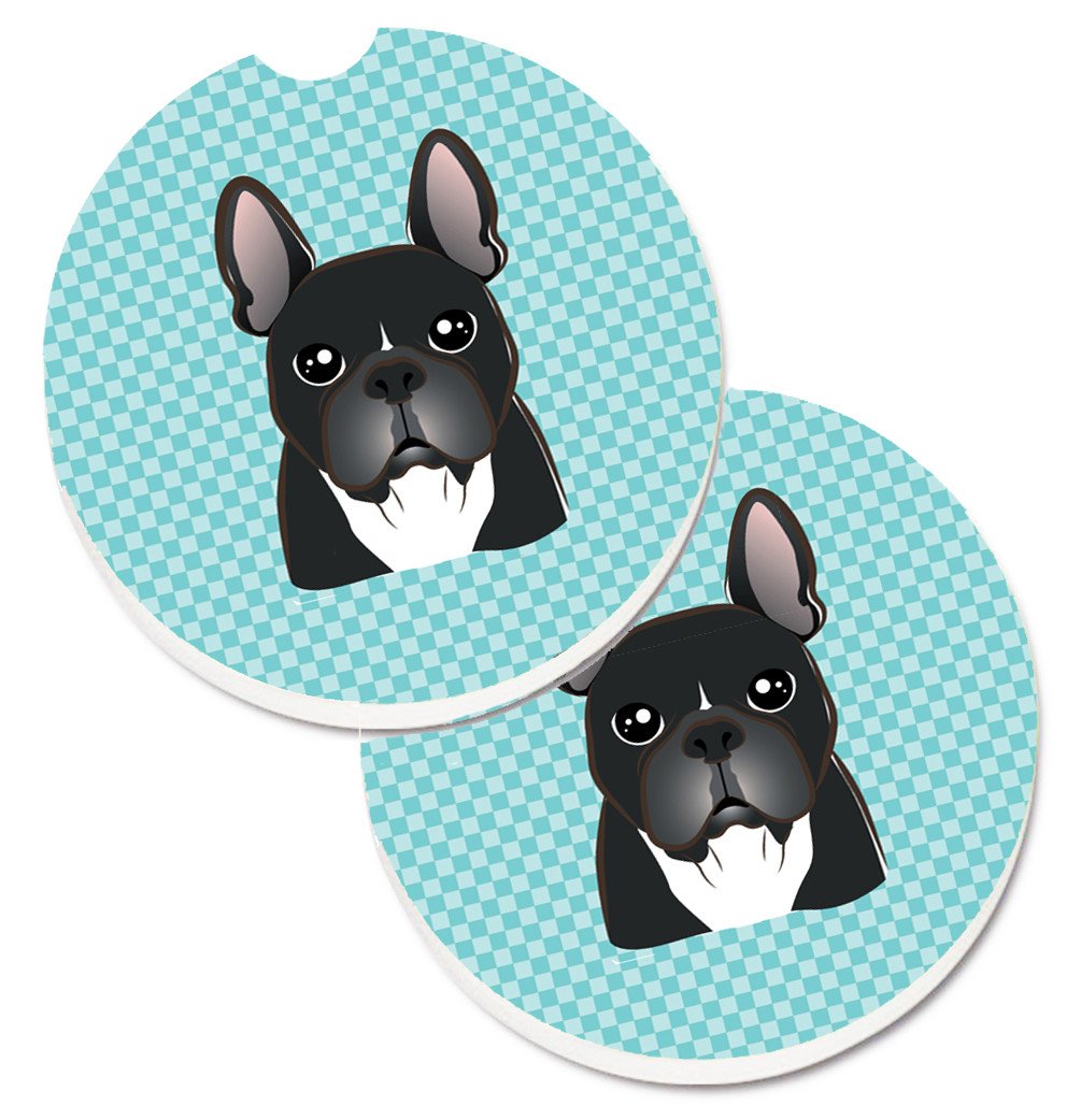Checkerboard Blue French Bulldog Set of 2 Cup Holder Car Coasters BB1165CARC by Caroline&#39;s Treasures