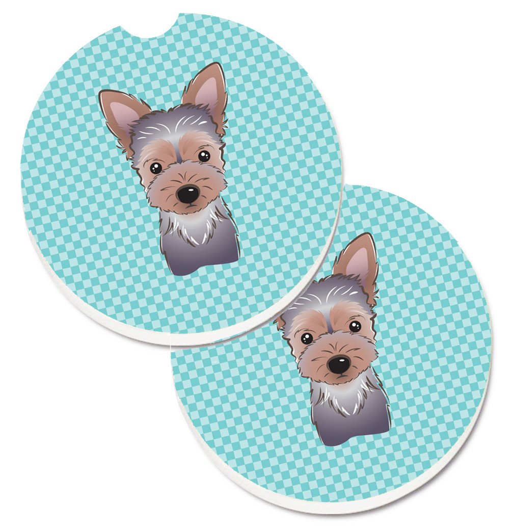 Checkerboard Blue Yorkie Puppy Set of 2 Cup Holder Car Coasters BB1170CARC by Caroline&#39;s Treasures
