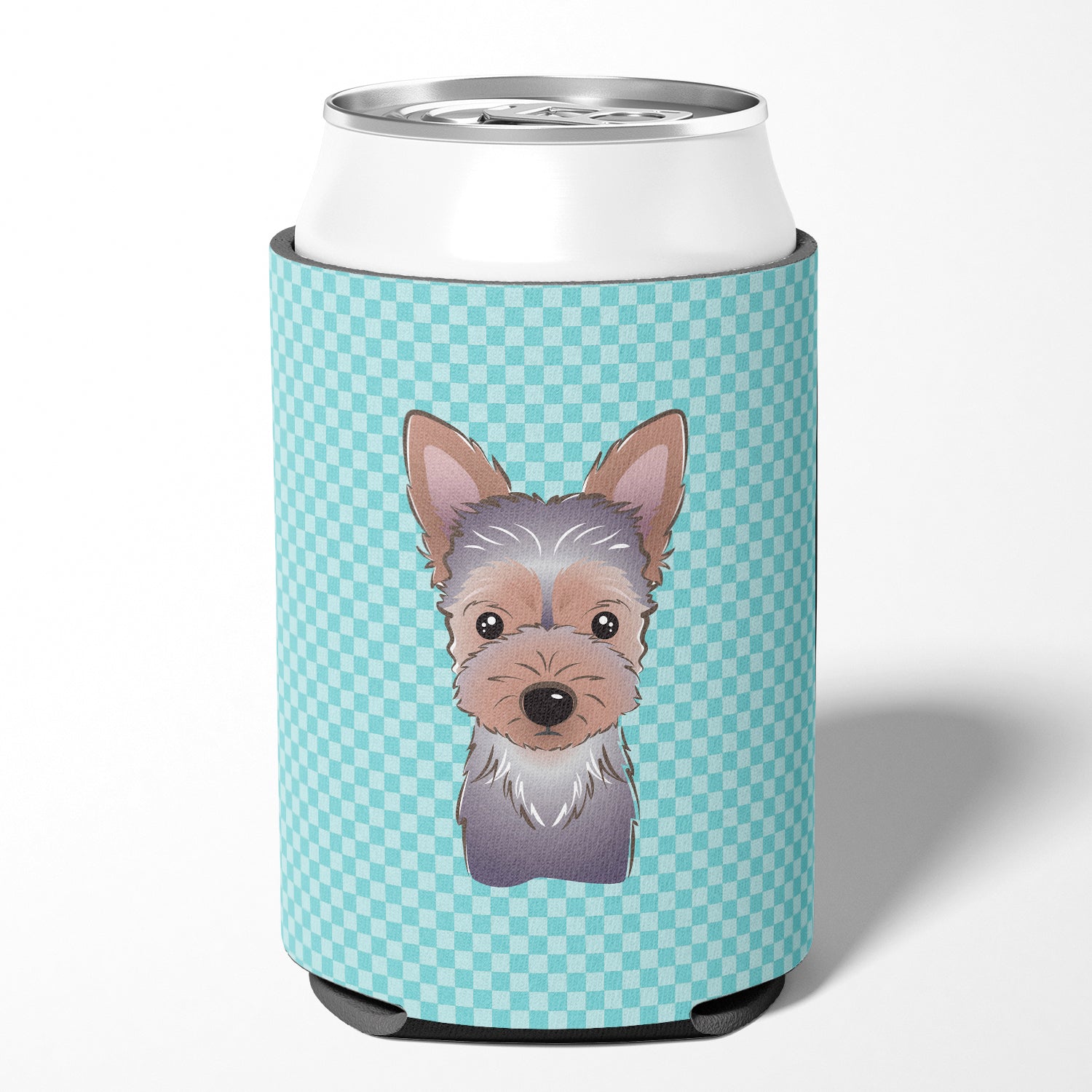 Checkerboard Blue Yorkie Puppy Can or Bottle Hugger BB1170CC