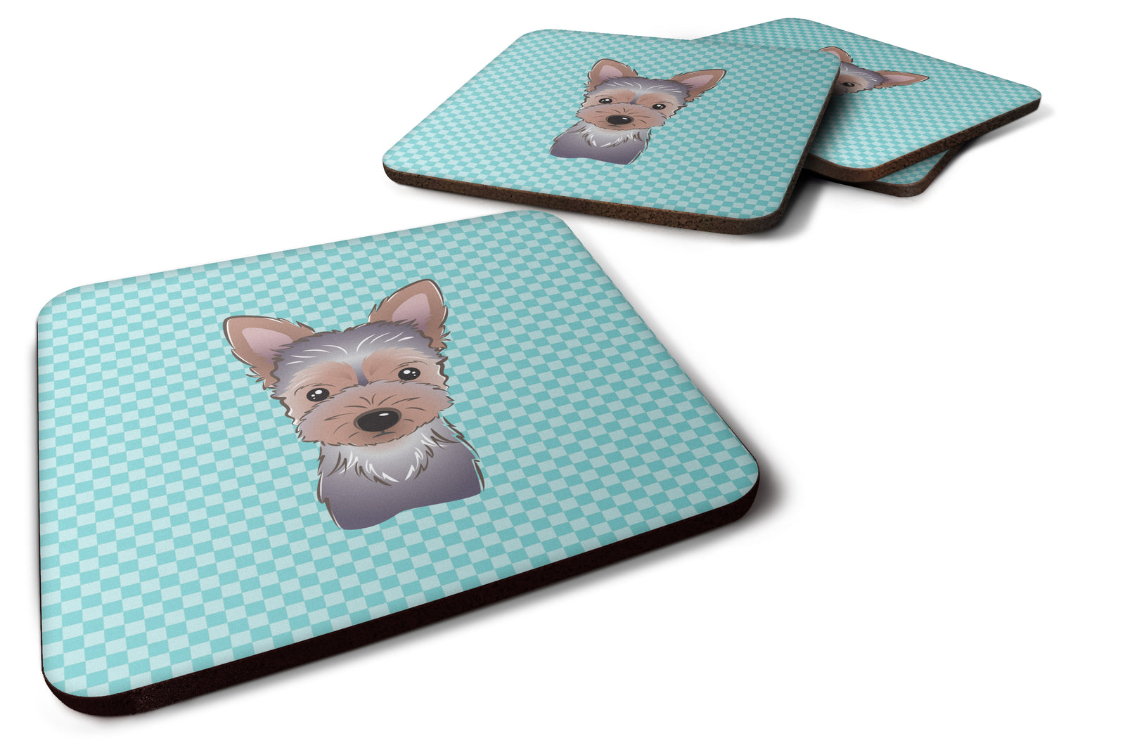Set of 4 Checkerboard Blue Yorkie Puppy Foam Coasters BB1170FC - the-store.com
