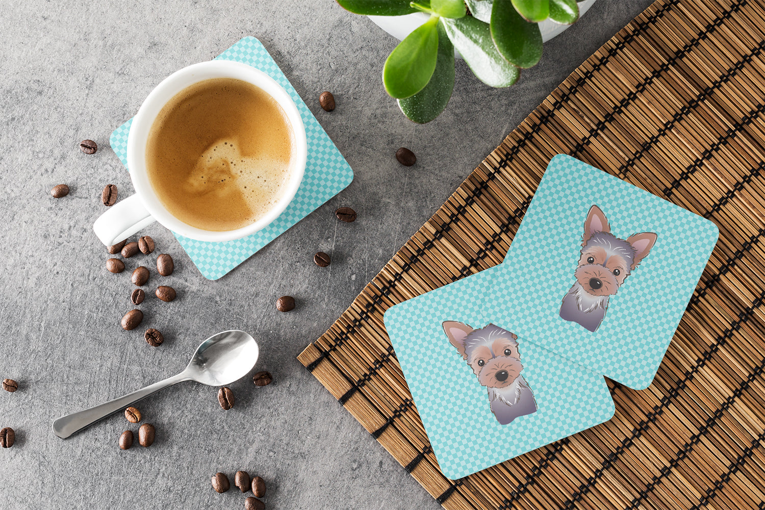 Set of 4 Checkerboard Blue Yorkie Puppy Foam Coasters BB1170FC - the-store.com