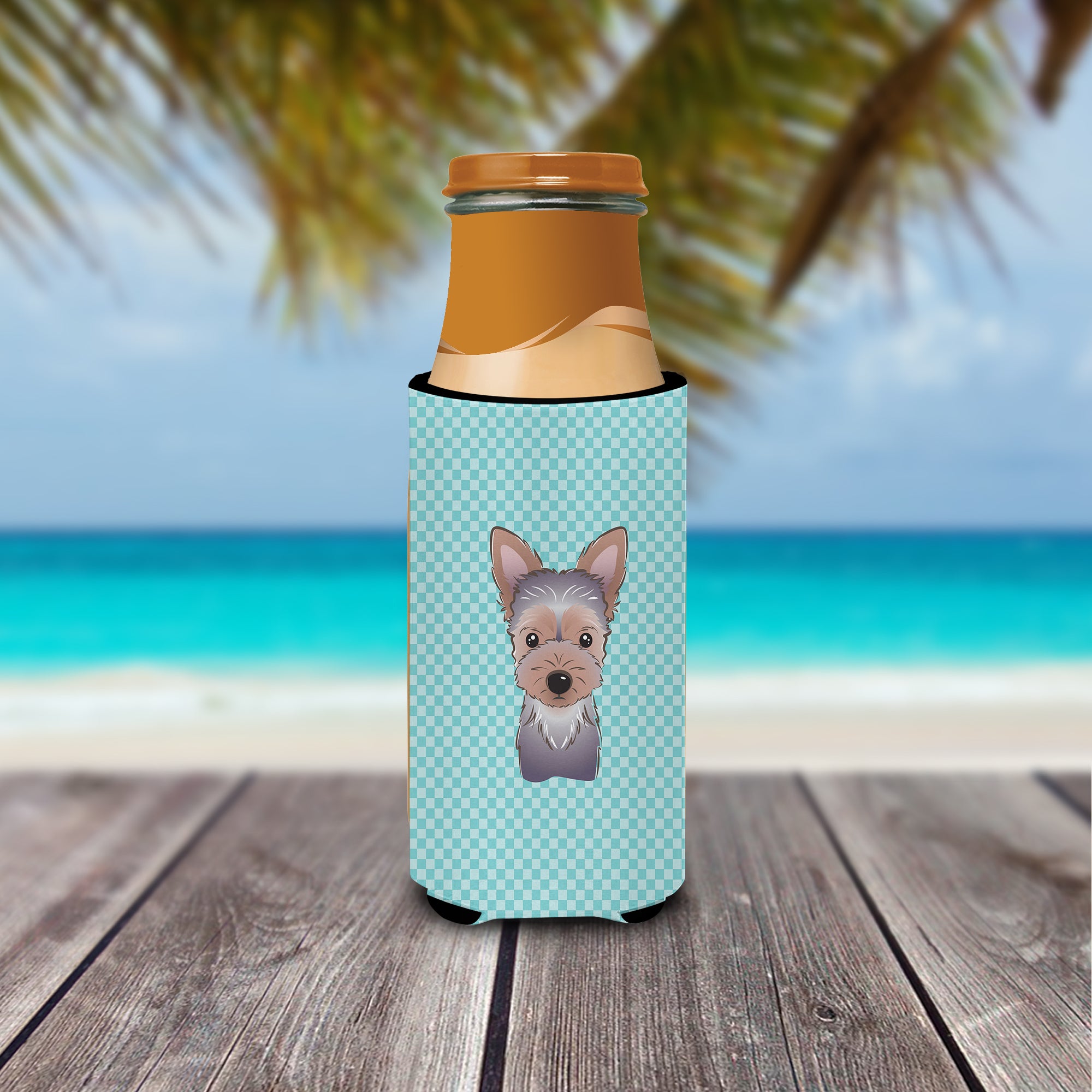 Checkerboard Blue Yorkie Puppy Ultra Beverage Insulators for slim cans BB1170MUK.