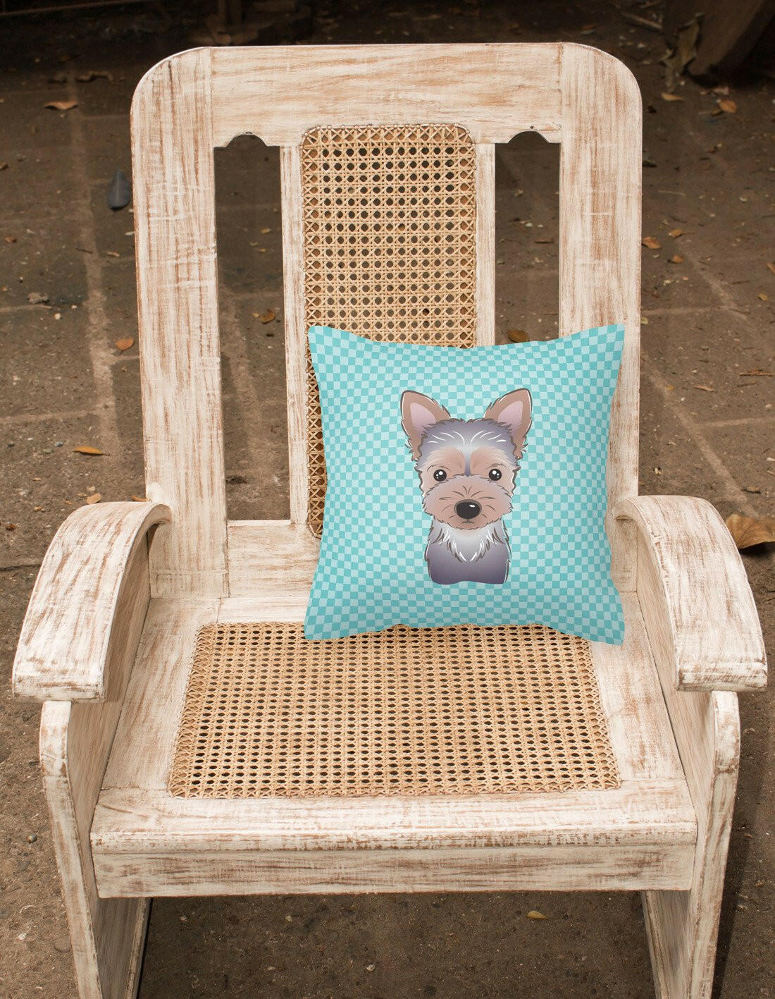 Checkerboard Blue Yorkie Puppy Canvas Fabric Decorative Pillow BB1170PW1414 - the-store.com
