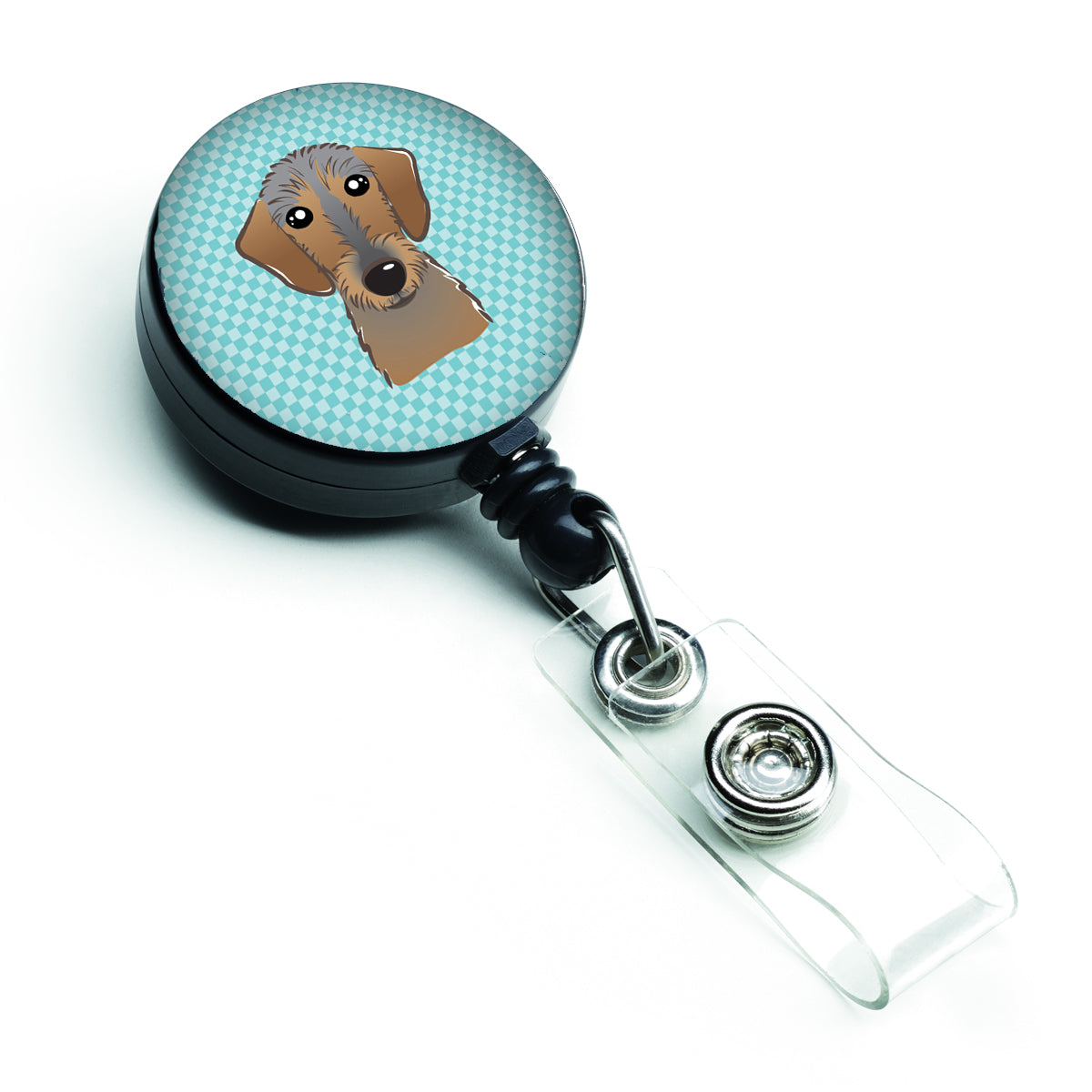 Checkerboard Blue Wirehaired Dachshund Retractable Badge Reel BB1171BR