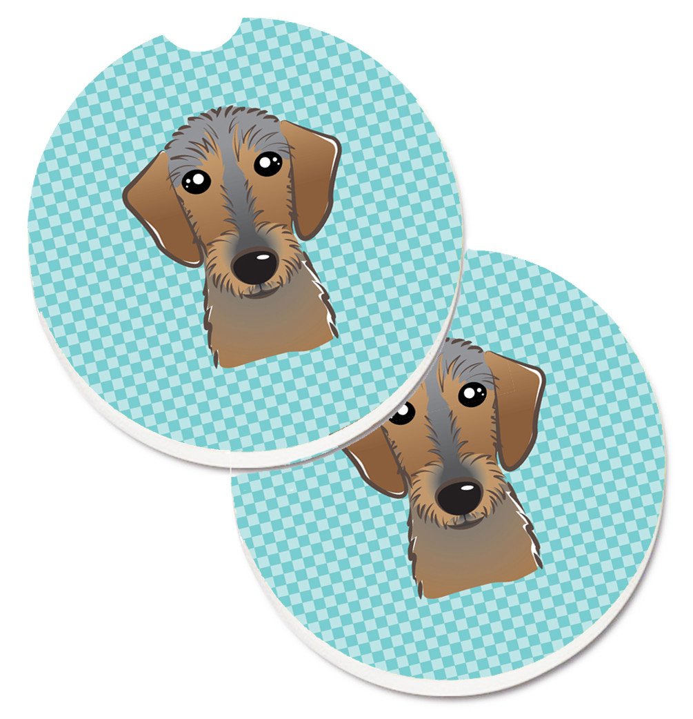 Checkerboard Blue Wirehaired Dachshund Set of 2 Cup Holder Car Coasters BB1171CARC by Caroline&#39;s Treasures