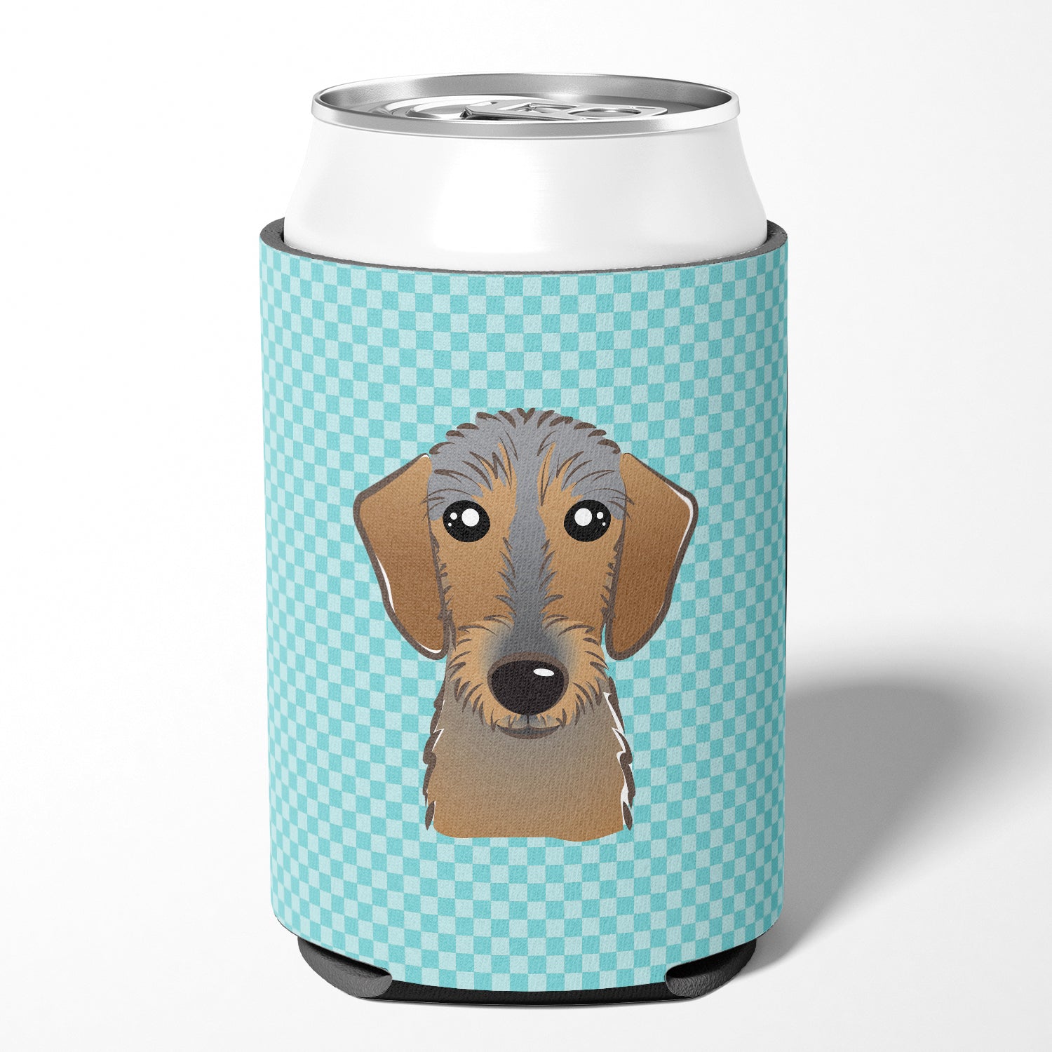 Checkerboard Blue Wirehaired Dachshund Can or Bottle Hugger BB1171CC.