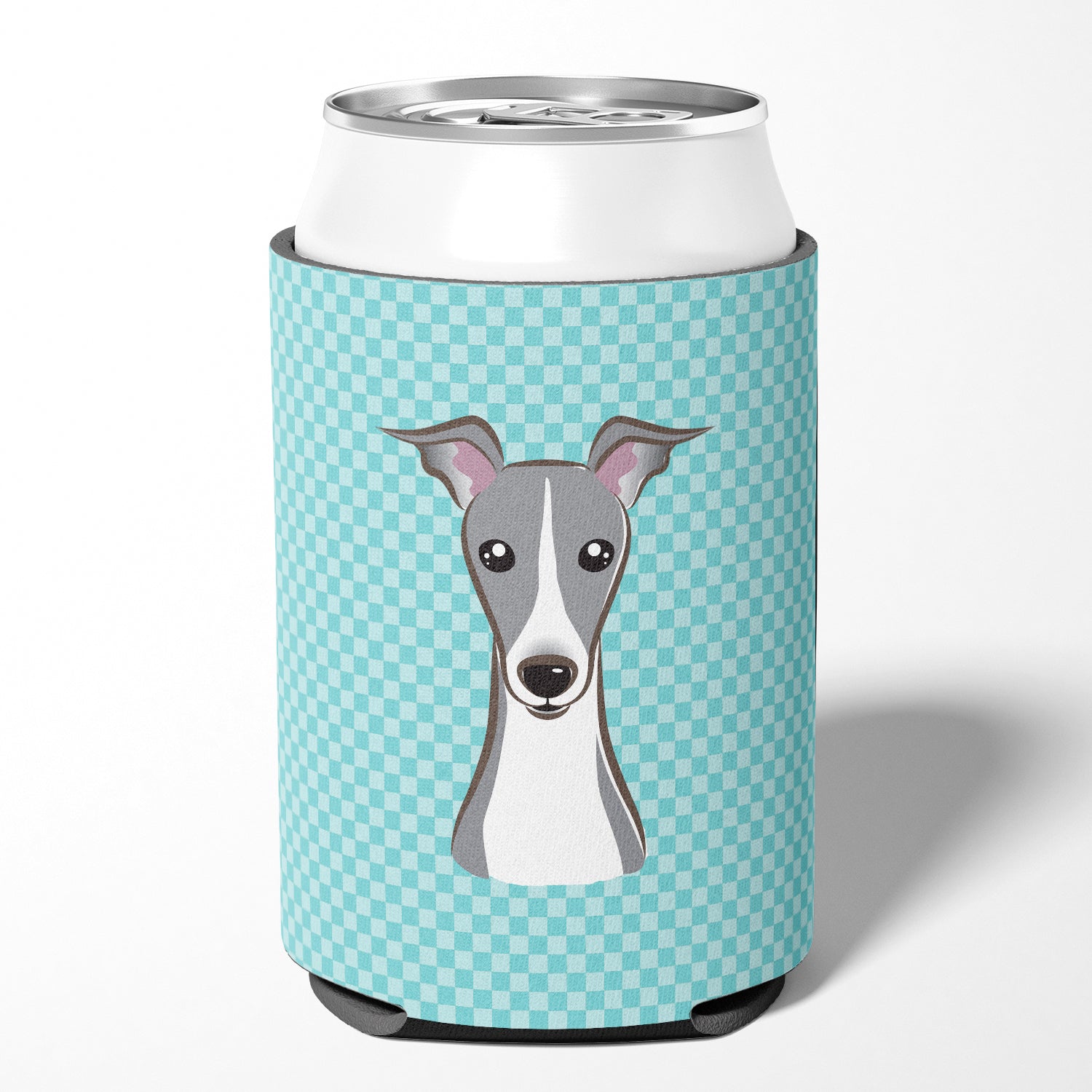 Checkerboard Blue Italian Greyhound Can or Bottle Hugger BB1174CC.