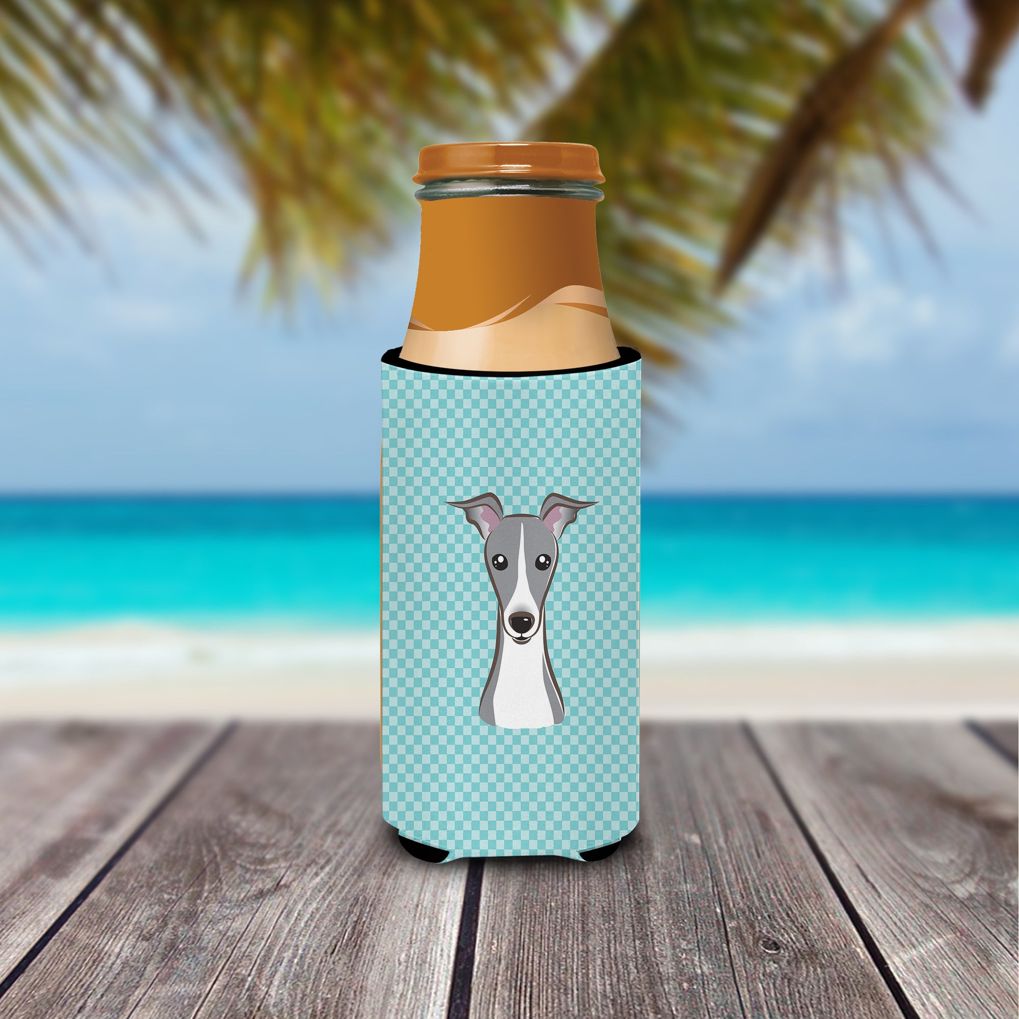 Checkerboard Blue Italian Greyhound Ultra Beverage Insulators for slim cans.