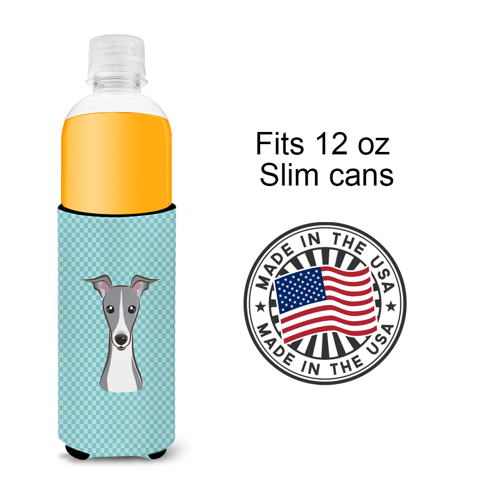 Checkerboard Blue Italian Greyhound Ultra Beverage Insulators for slim cans