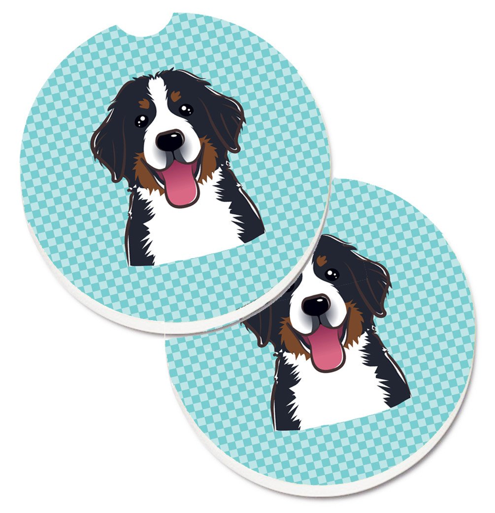 Checkerboard Blue Bernese Mountain Dog Set of 2 Cup Holder Car Coasters BB1175CARC by Caroline&#39;s Treasures