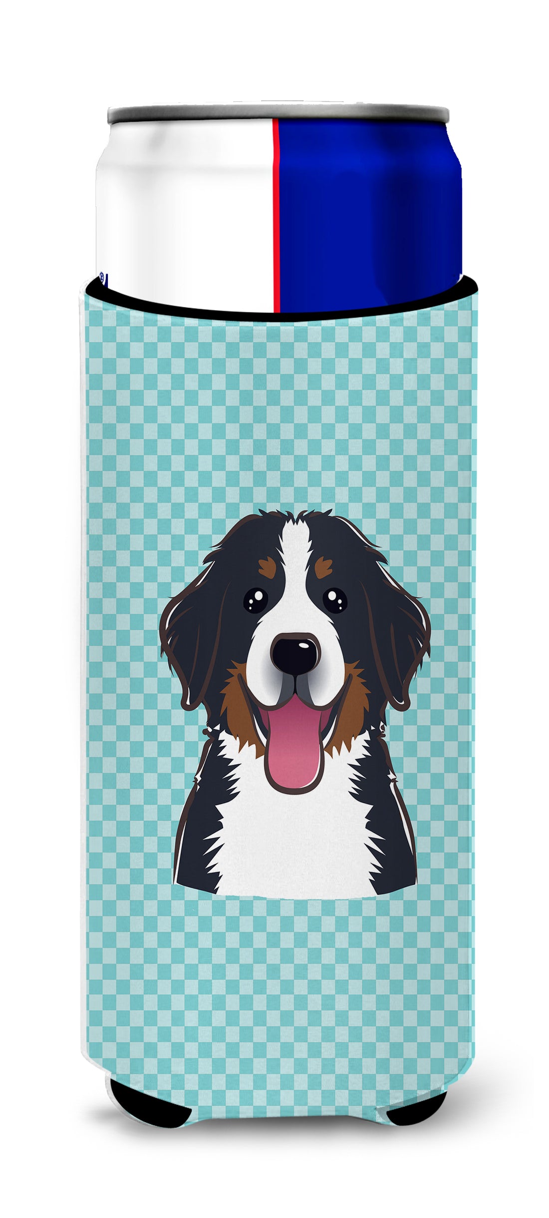 Checkerboard Blue Bernese Mountain Dog Ultra Beverage Insulators for slim cans