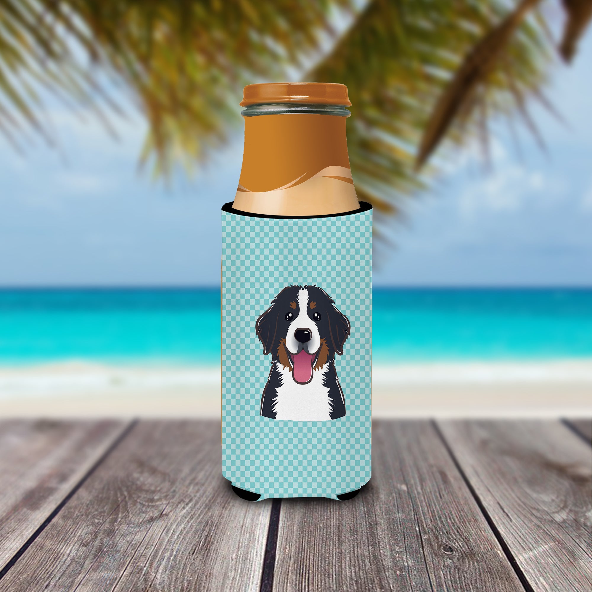 Checkerboard Blue Bernese Mountain Dog Ultra Beverage Insulators for slim cans.