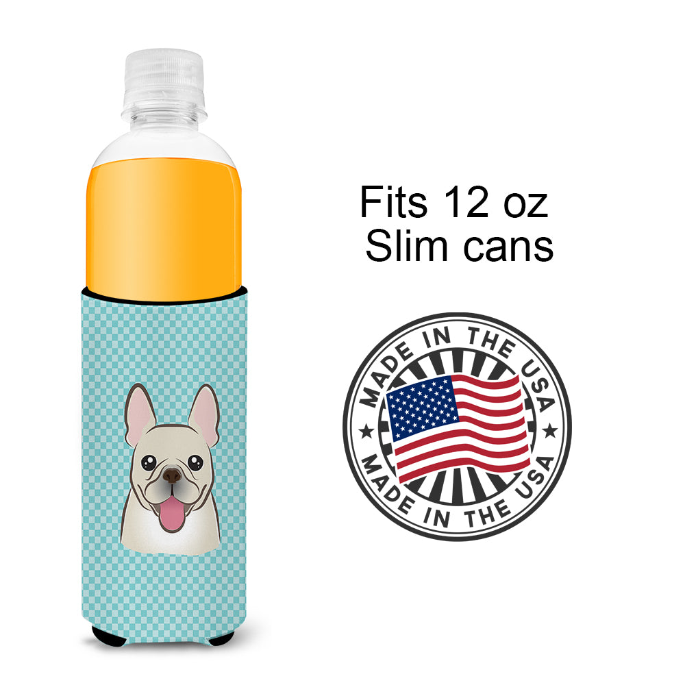 Checkerboard Blue French Bulldog Ultra Beverage Insulators for slim cans BB1176MUK.