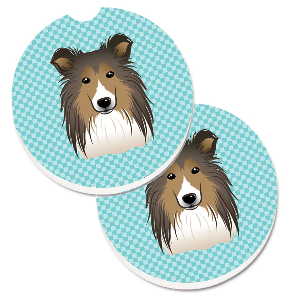 Checkerboard Blue Sheltie Set of 2 Cup Holder Car Coasters BB1180CARC by Caroline&#39;s Treasures