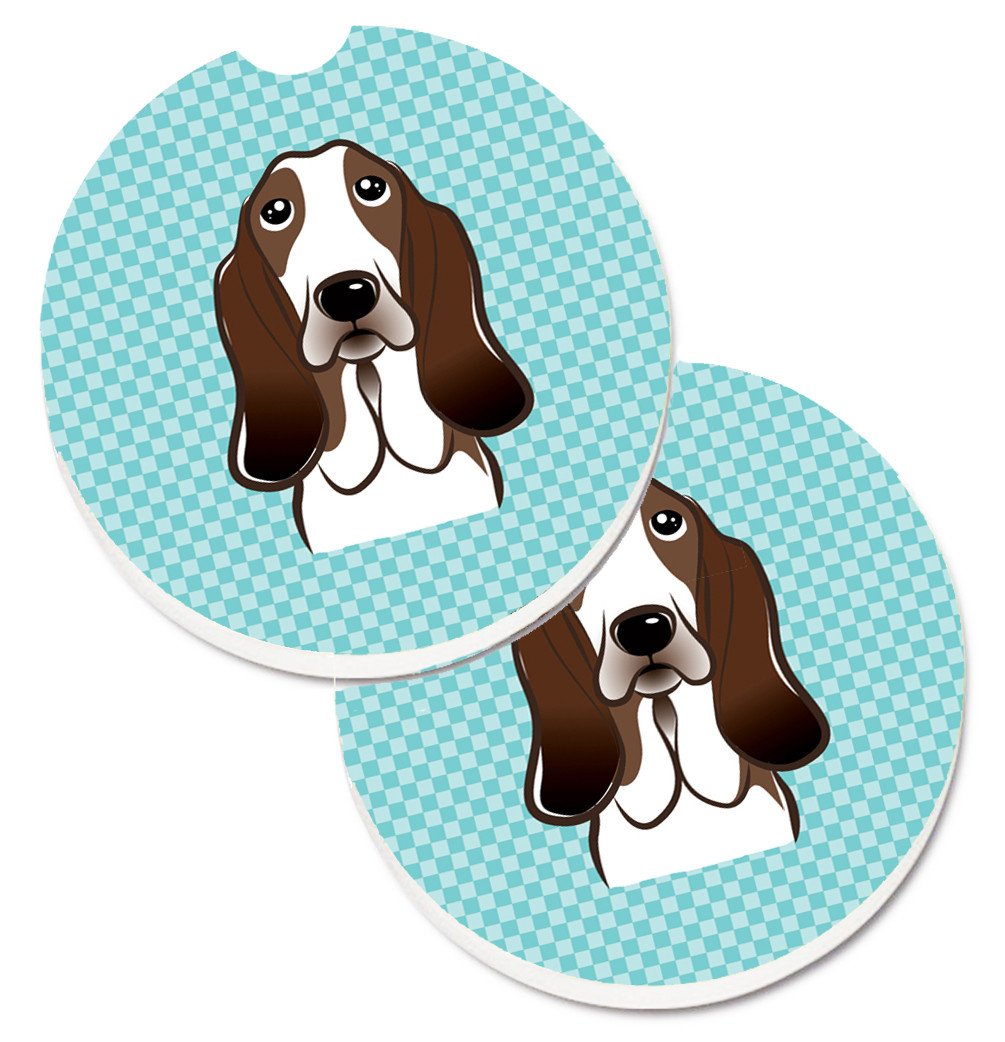 Checkerboard Blue Basset Hound Set of 2 Cup Holder Car Coasters BB1181CARC by Caroline&#39;s Treasures