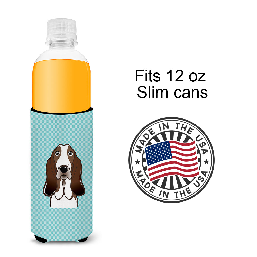 Checkerboard Blue Basset Hound Ultra Beverage Insulators for slim cans BB1181MUK.