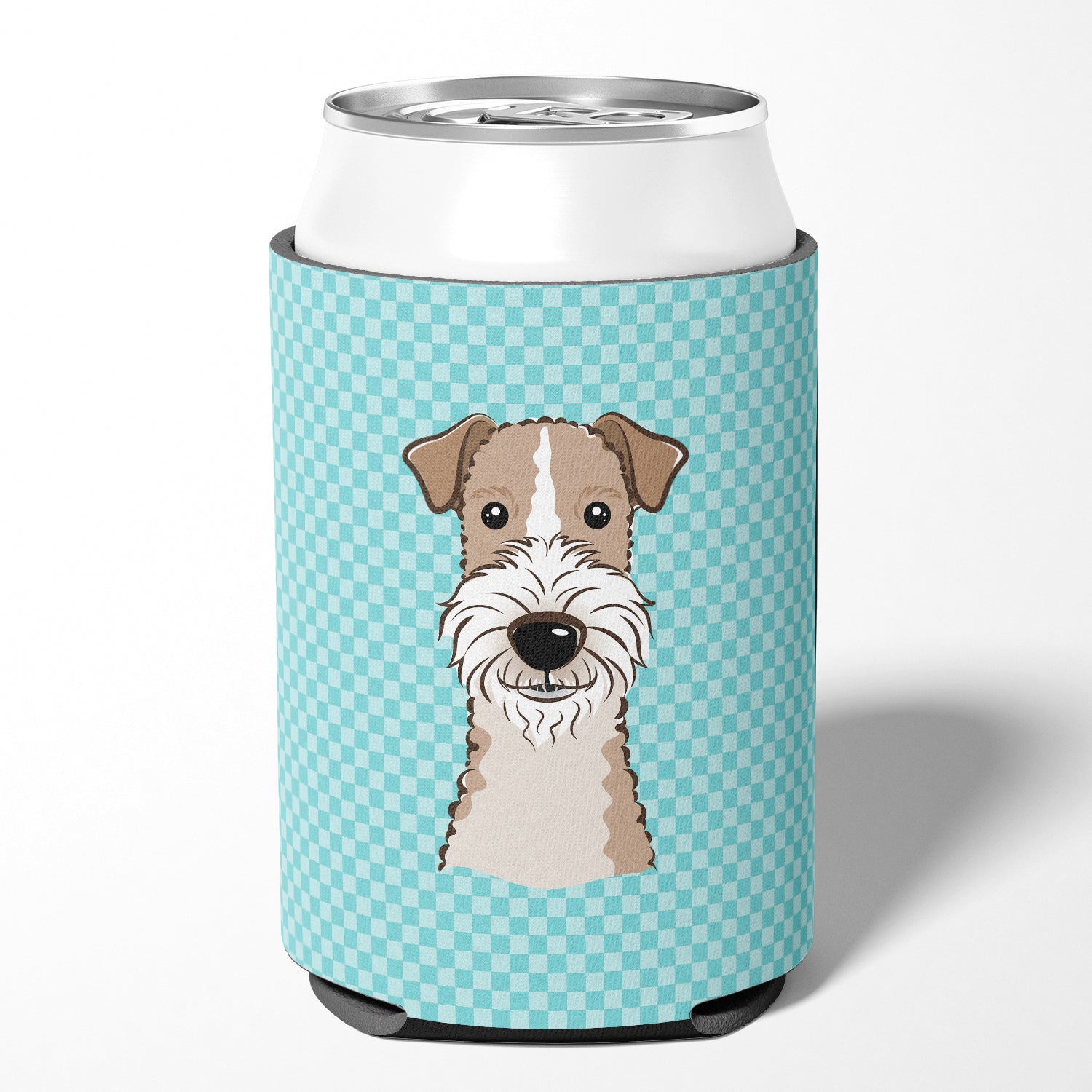 Checkerboard Blue Wire Haired Fox Terrier Can or Bottle Hugger BB1185CC