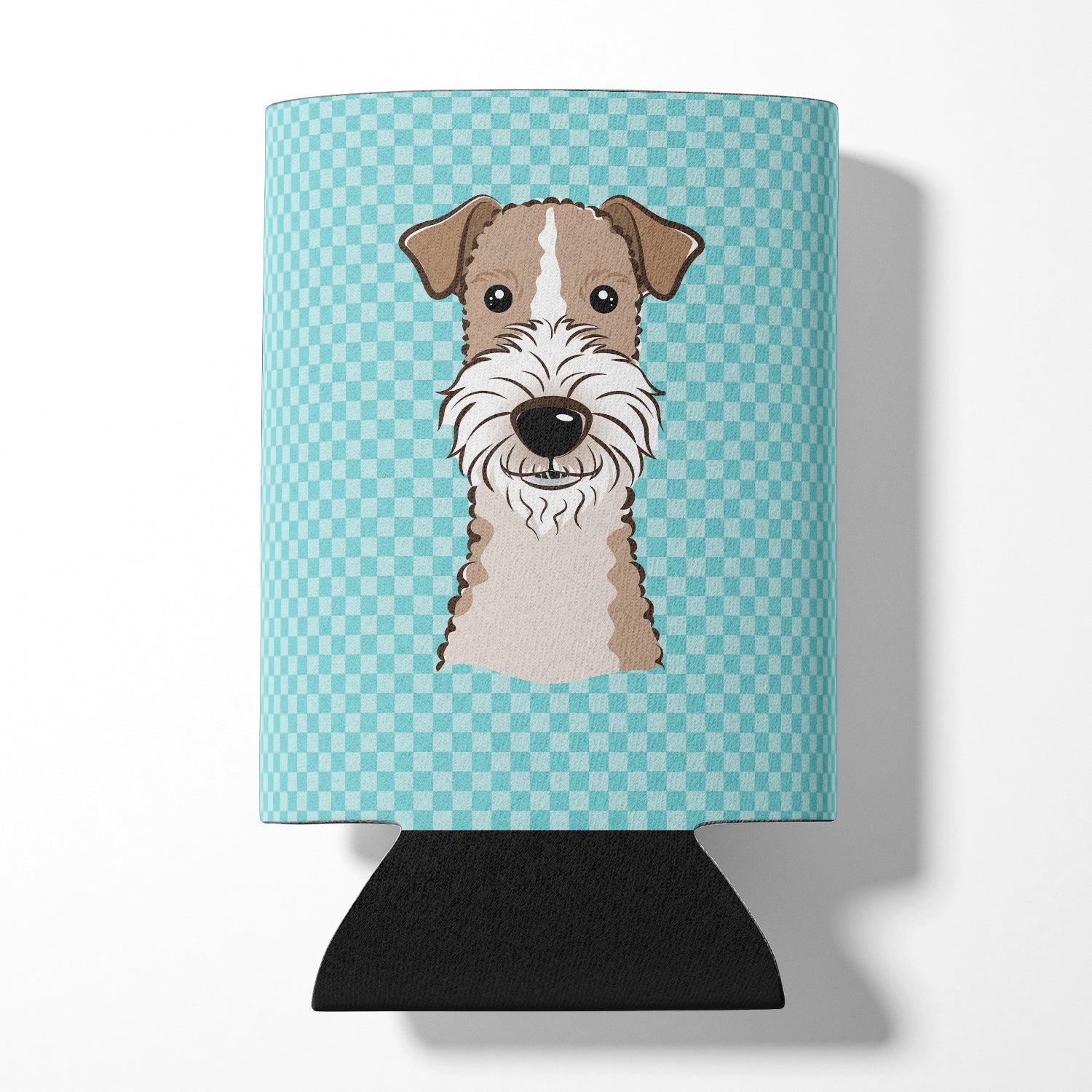 Checkerboard Blue Wire Haired Fox Terrier Can or Bottle Hugger BB1185CC